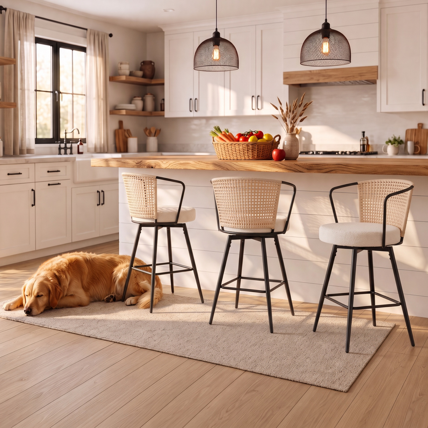Sailvan Swivel Bar Stool Set, 35.8" Rattan Counter Height Bar Chairs with Back & Footrest, Modern Upholstered Counter Stools for Kitchen Island, Easy Assembly, Beige