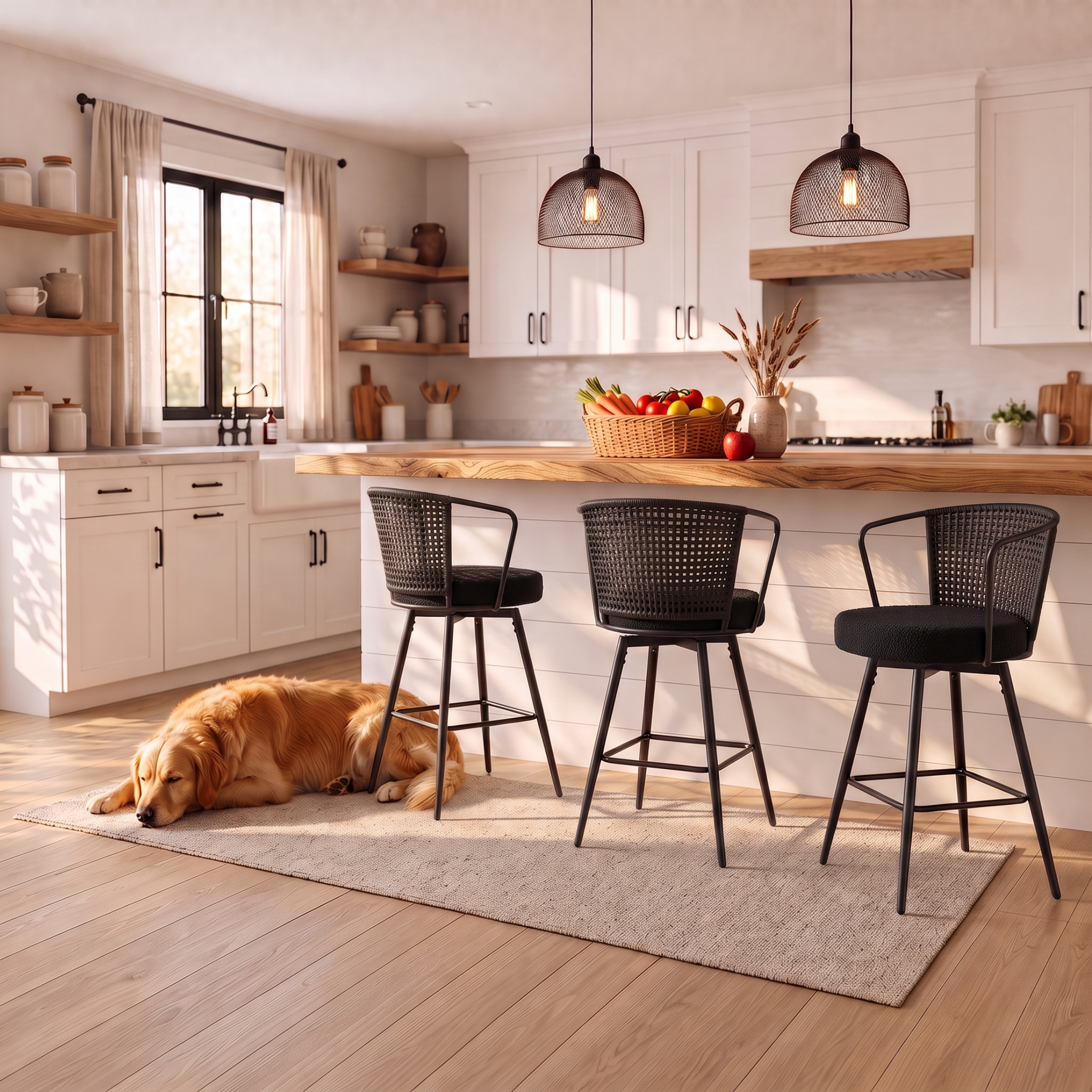 Sailvan Swivel Bar Stool Set, 35.8" Rattan Counter Height Bar Chairs with Back & Footrest, Modern Upholstered Counter Stools for Kitchen Island, Easy Assembly, Black