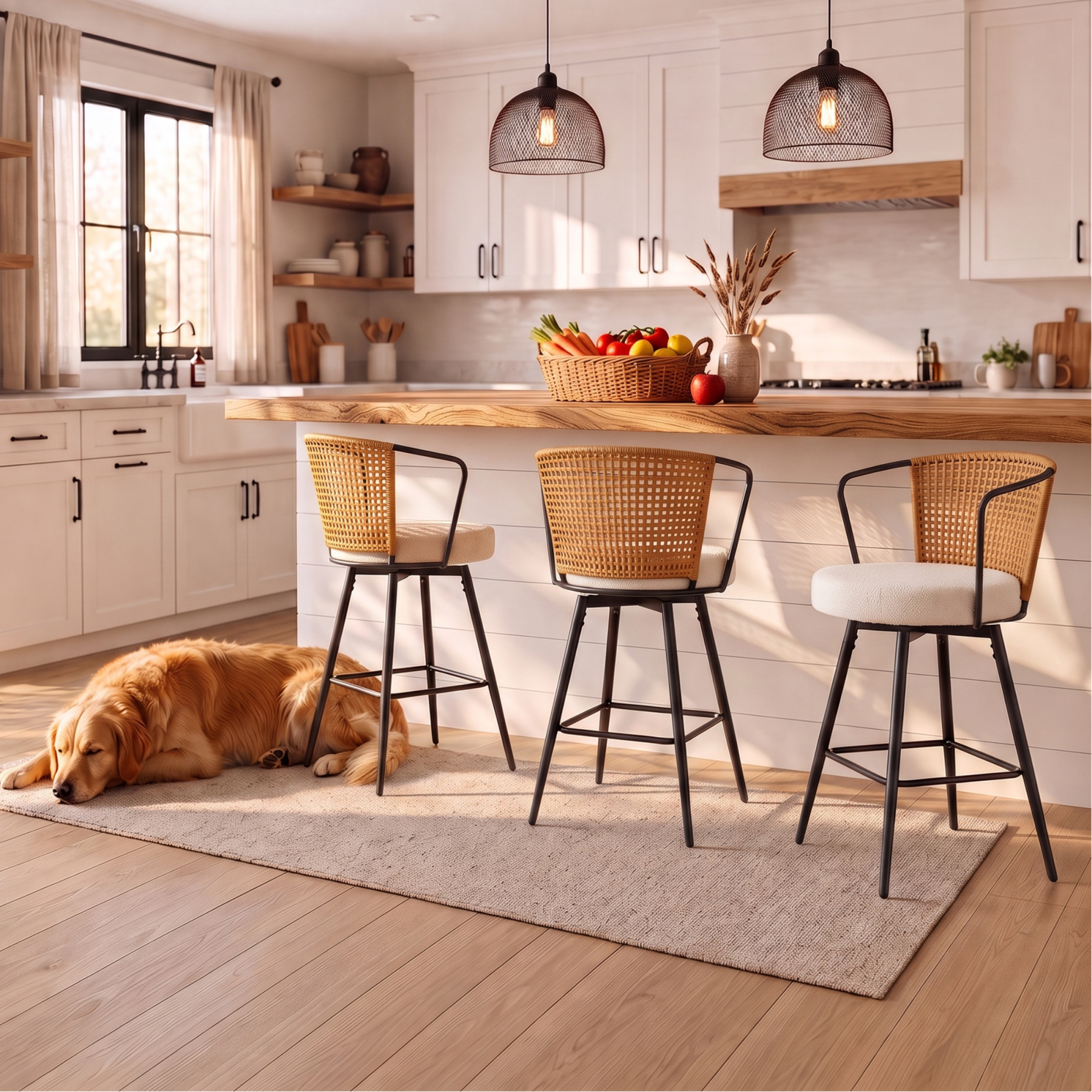 Sailvan Swivel Bar Stool Set, 35.8" Rattan Counter Height Bar Chairs with Back & Footrest, Modern Upholstered Counter Stools for Kitchen Island, Easy Assembly, Brown