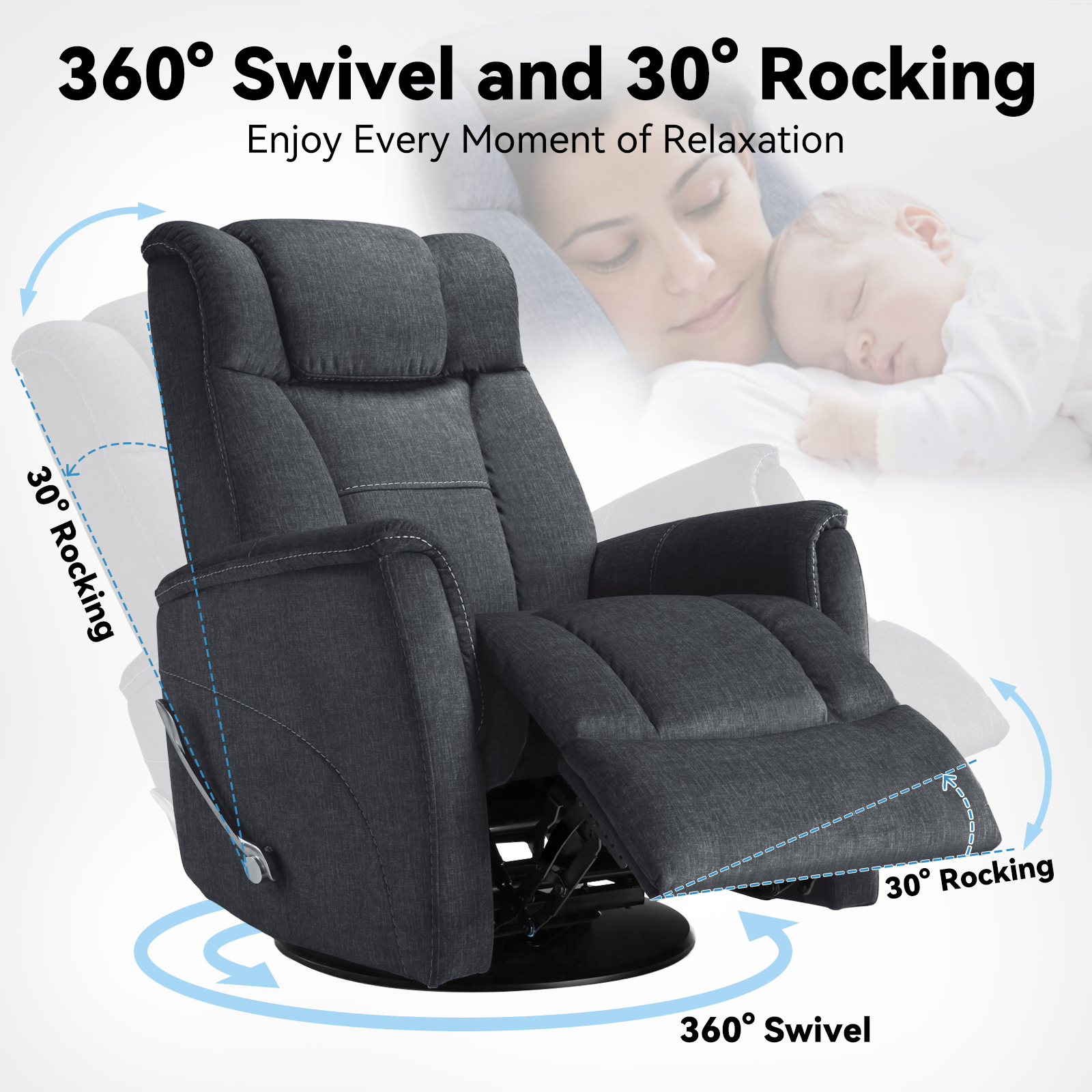 Swivel Rocking Recliner for Adults, Glider Rocker Recliner Nursery Chair, Living Room Accent Sofa Chair