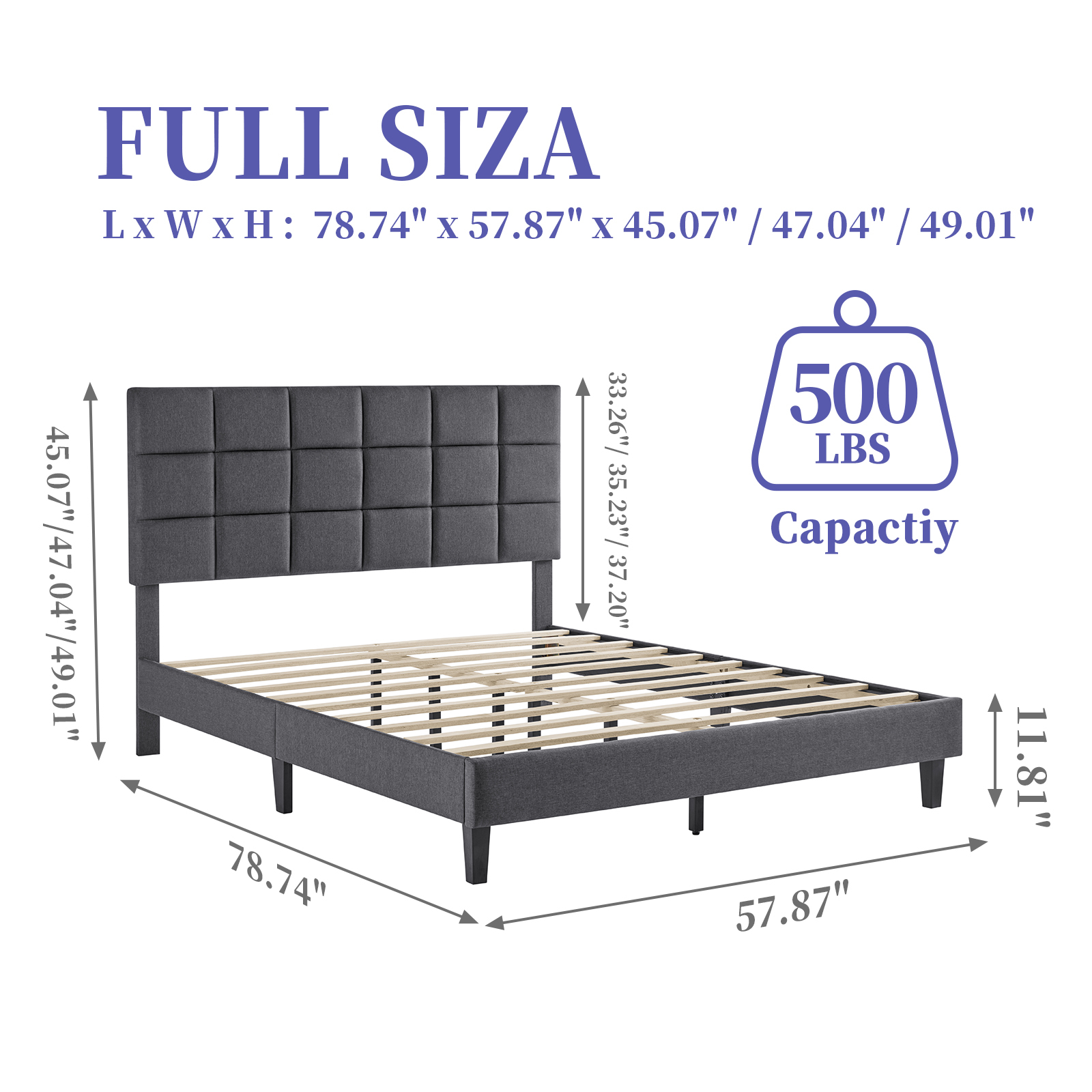 Susalt Full Size Bed Frames with Headboard, Full Bed Frame with Adjustable Upholstered Headboard, Solid wood support,No Box Spring Needed