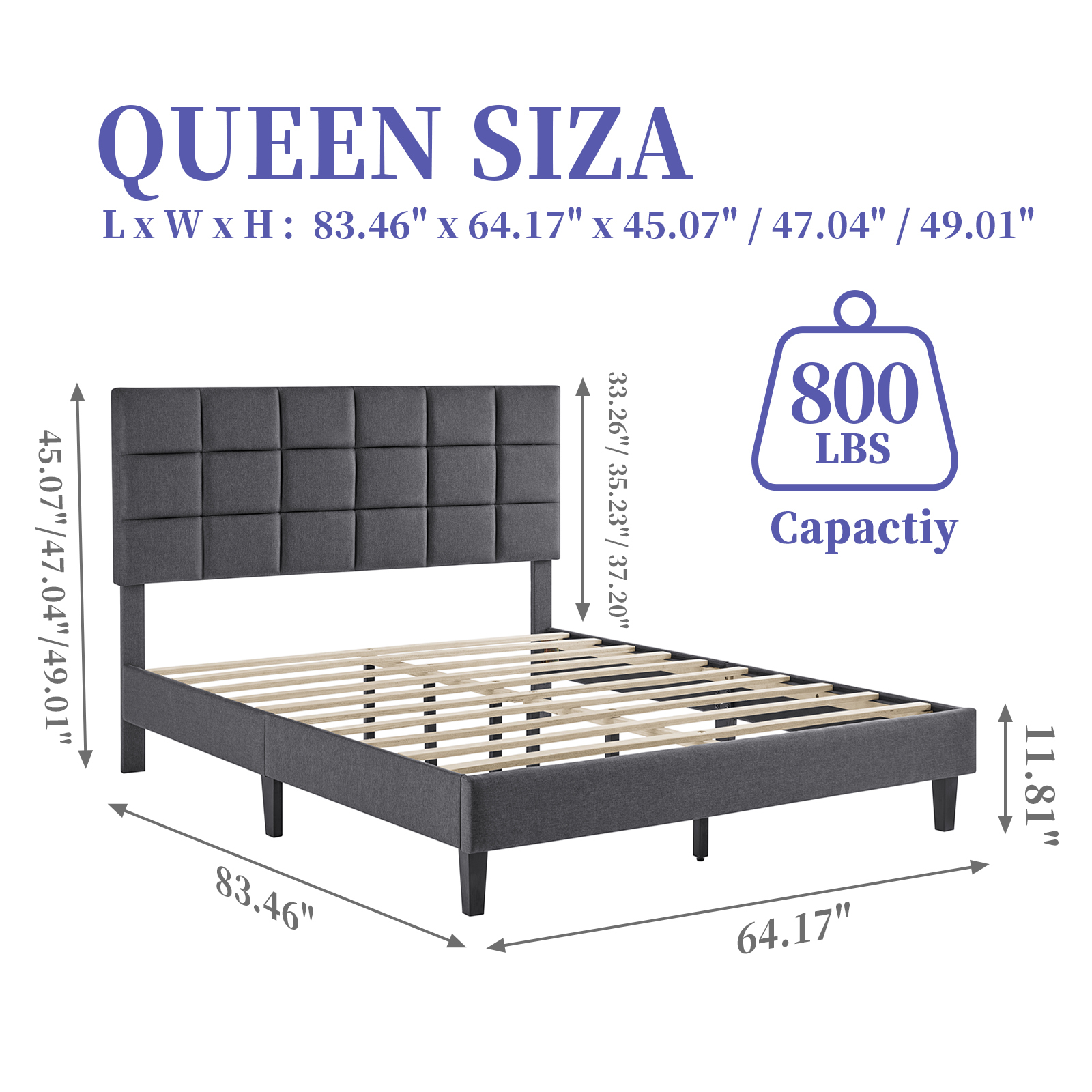 Susalt Full Size Bed Frames with Headboard, Full Bed Frame with Adjustable Upholstered Headboard, Solid wood support,No Box Spring Needed