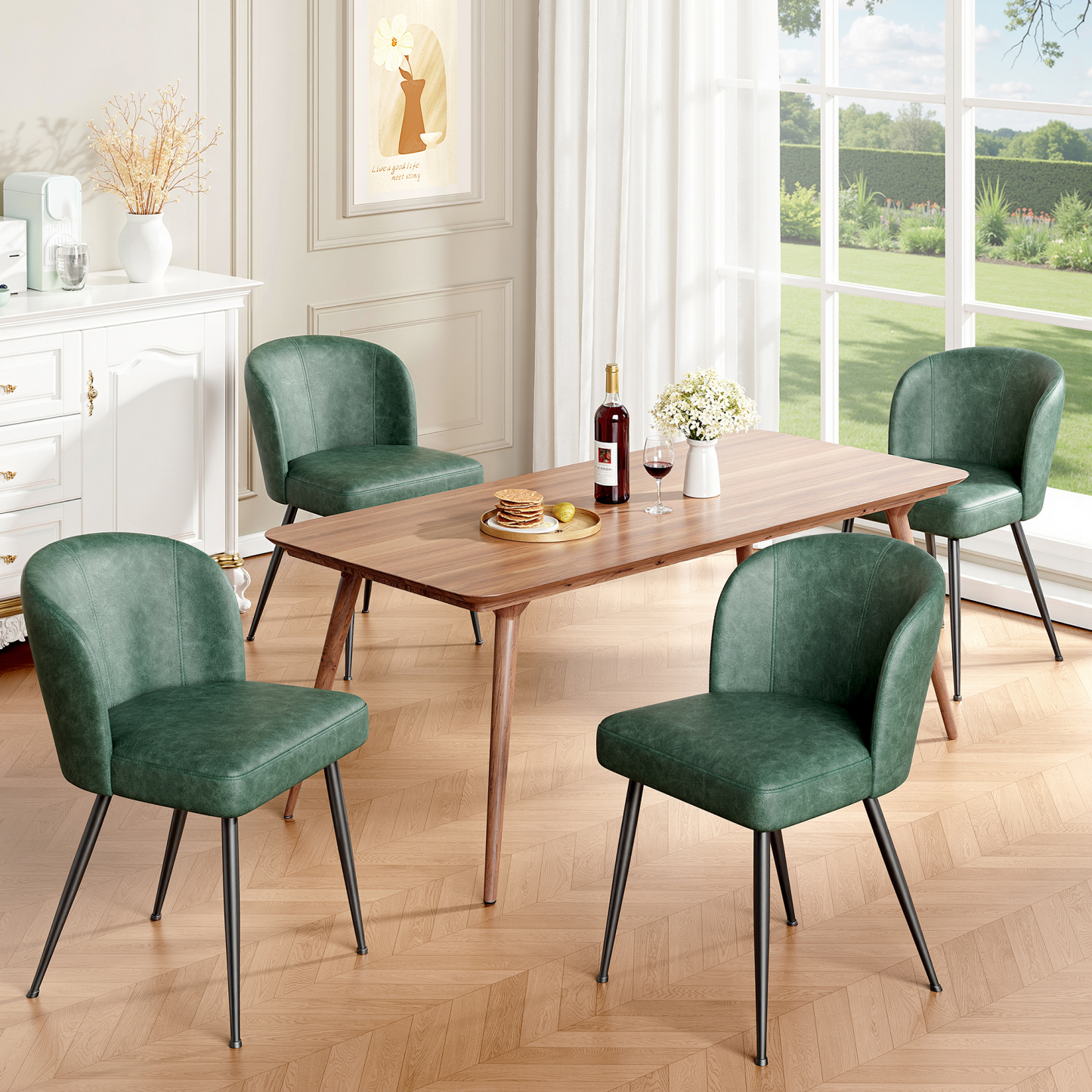 Sailvan Dining Chairs Set of 2, Upholstered Kitchen Chairs with Faux Leather Cushion Seat and Metal Legs, Mid Century Modern Dining Room Chair for Kitchen, Living Room, Easy Assembly, Green