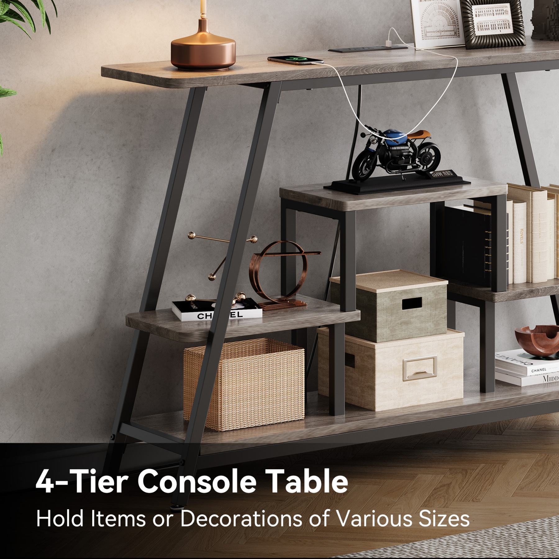 47.3" Console Table for Entry Way, Buffet Table Entryway Table with 4-Tier Open Shelves & Charging Station, Narrow Long Sofa Couch Table for Hallway, Living Room & Kitchen