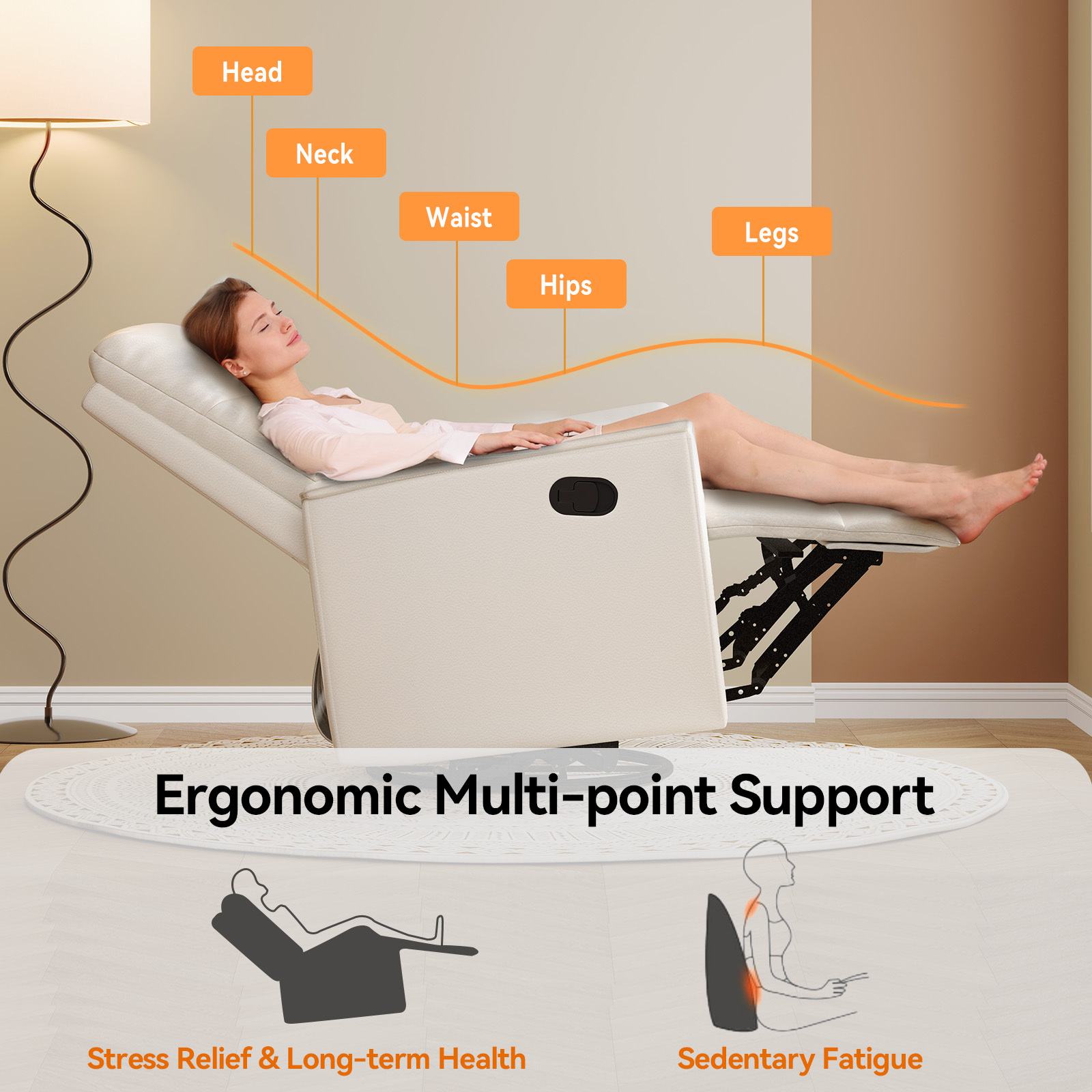 Susalt Recliner Chair for Adults, Rocker Reclining Chair for Nursery, Leather Swivel Sofa with Adjustable Backrest and Footrest, for Small Spaces, Living Room, RV（Light Gray）