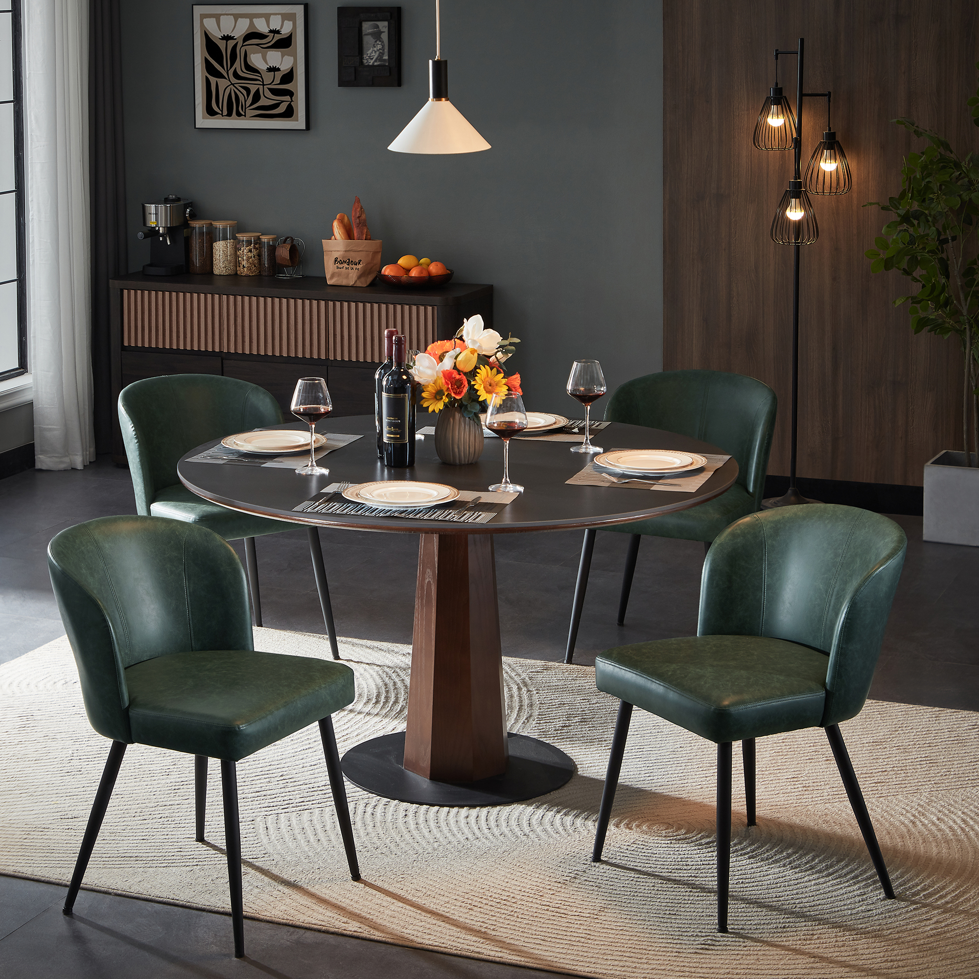 Sailvan Dining Chairs Set of 2, Upholstered Kitchen Chairs with Faux Leather Cushion Seat and Metal Legs, Mid Century Modern Dining Room Chair for Kitchen, Living Room, Easy Assembly, Green