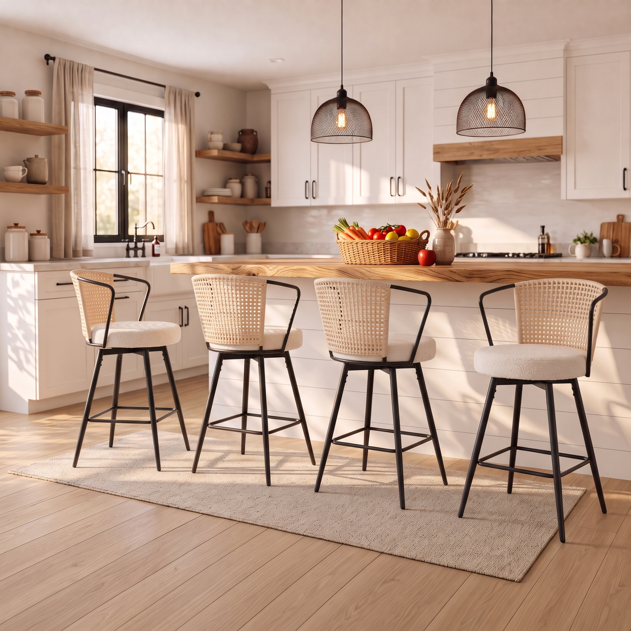 Sailvan Swivel Bar Stool Set, 35.8" Rattan Counter Height Bar Chairs with Back & Footrest, Modern Upholstered Counter Stools for Kitchen Island, Easy Assembly, Beige