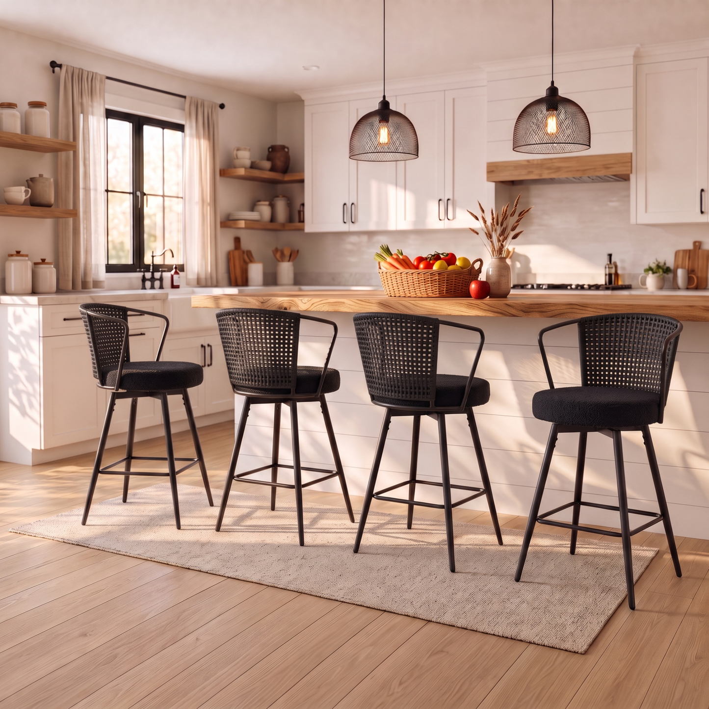Sailvan Swivel Bar Stool Set, 35.8" Rattan Counter Height Bar Chairs with Back & Footrest, Modern Upholstered Counter Stools for Kitchen Island, Easy Assembly, Black