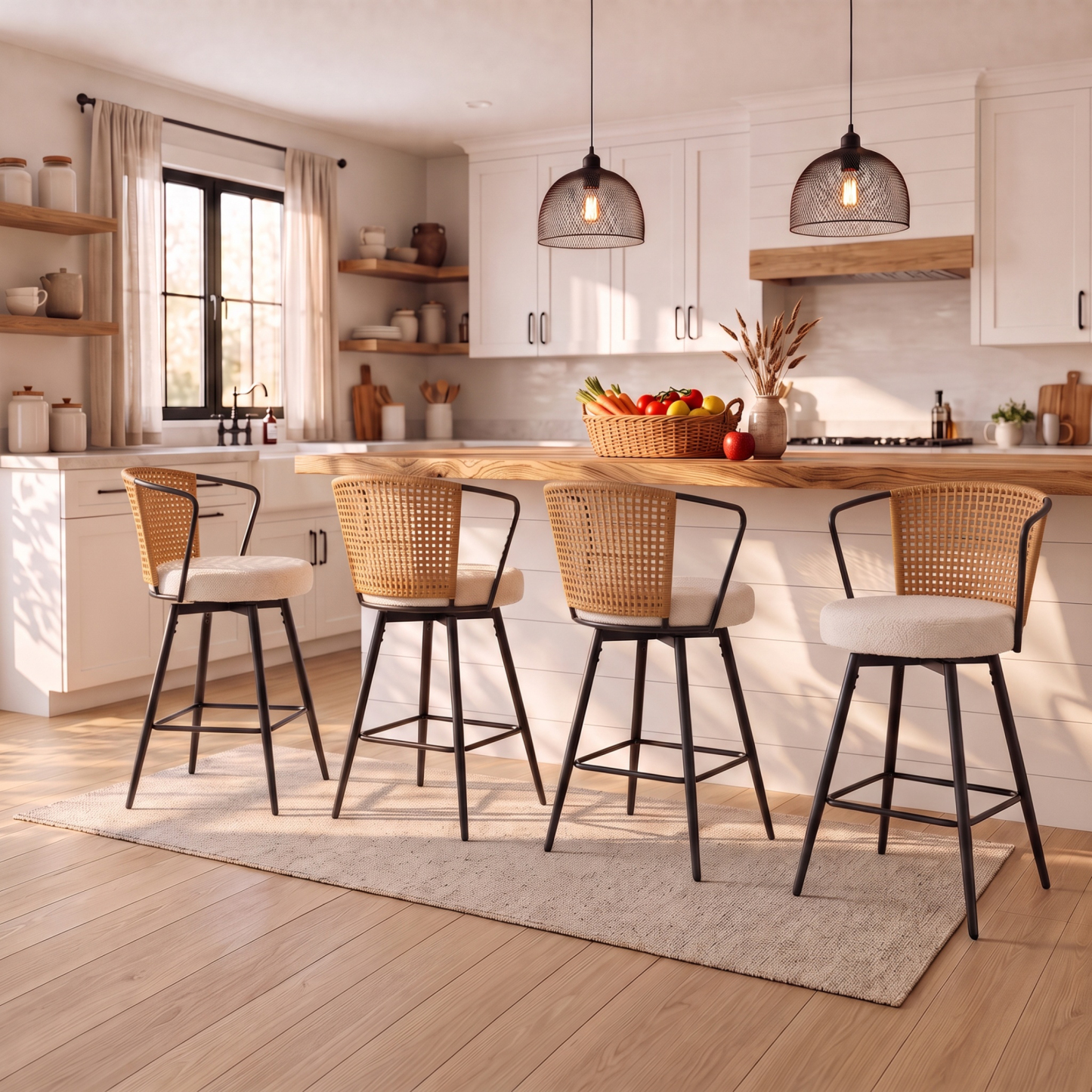 Sailvan Swivel Bar Stool Set, 35.8" Rattan Counter Height Bar Chairs with Back & Footrest, Modern Upholstered Counter Stools for Kitchen Island, Easy Assembly, Brown