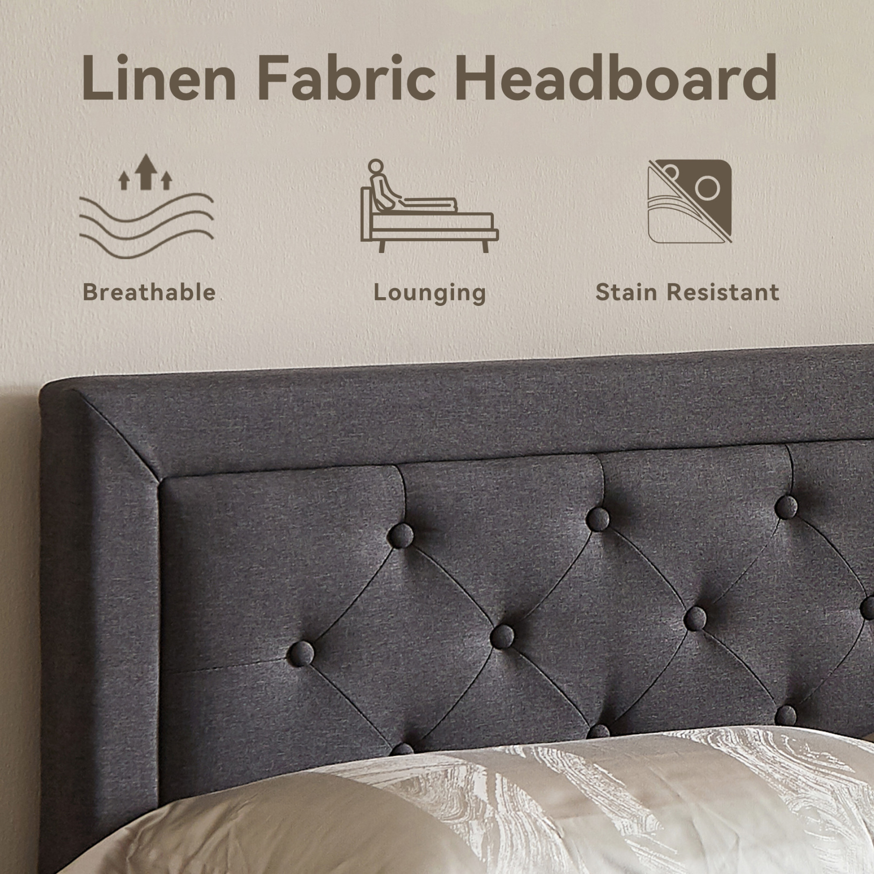 Sailvan Queen Bed Frame with Headboard, Upholstered Bed Frame with Button Tufted, Platform Bed with Wood Slat Support, Noise Free, Easy Assembly, No Box Spring Needed, Dark Gray