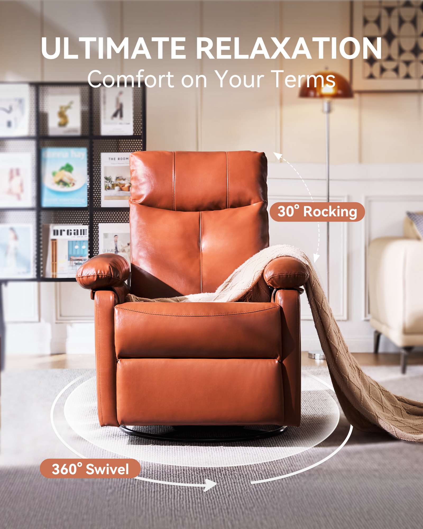 30° Rocker & 360° Swivel Recliner Chair, Manual Glider Reclining with Adjustable Backrest Footrest and Lumbar Support for Nursery Living Room Bedroom