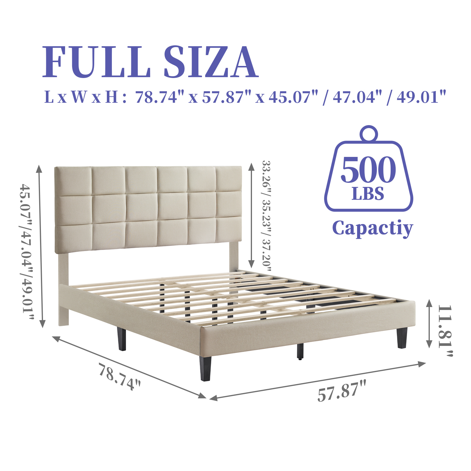 Susalt Full Size Bed Frames with Headboard, Full Bed Frame with Adjustable Upholstered Headboard, Solid wood support,No Box Spring Needed