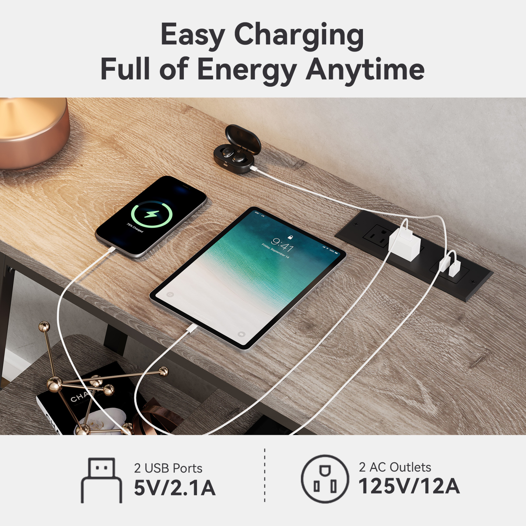 47.3" Console Table for Entry Way, Buffet Table Entryway Table with 4-Tier Open Shelves & Charging Station, Narrow Long Sofa Couch Table for Hallway, Living Room & Kitchen