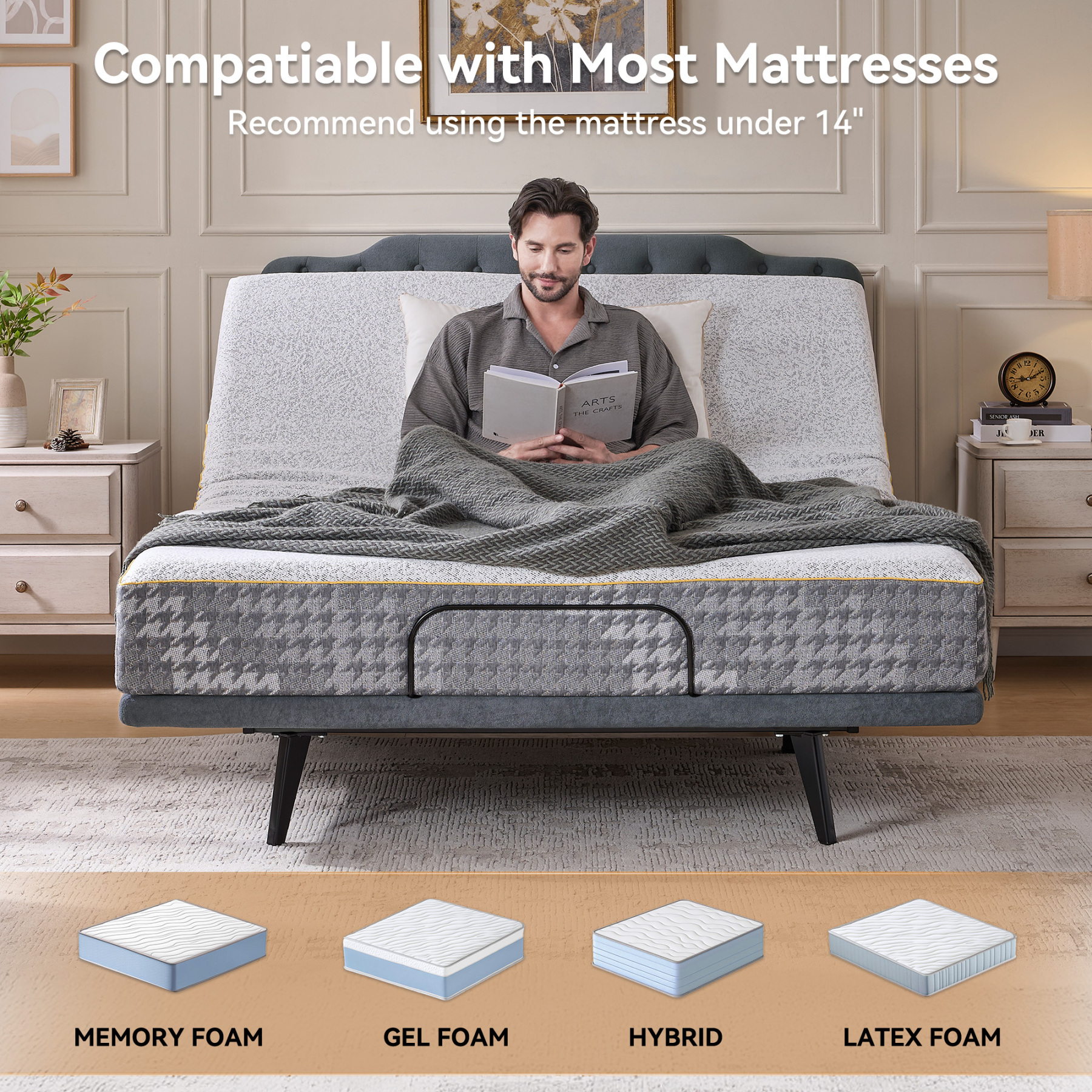 Adjustable Bed Frame, Electric Bed Frame Queen Size with with Upgraded Motor, Remote Control, 2 USB Ports, Independent Head & Foot Incline, 800lbs Capacity