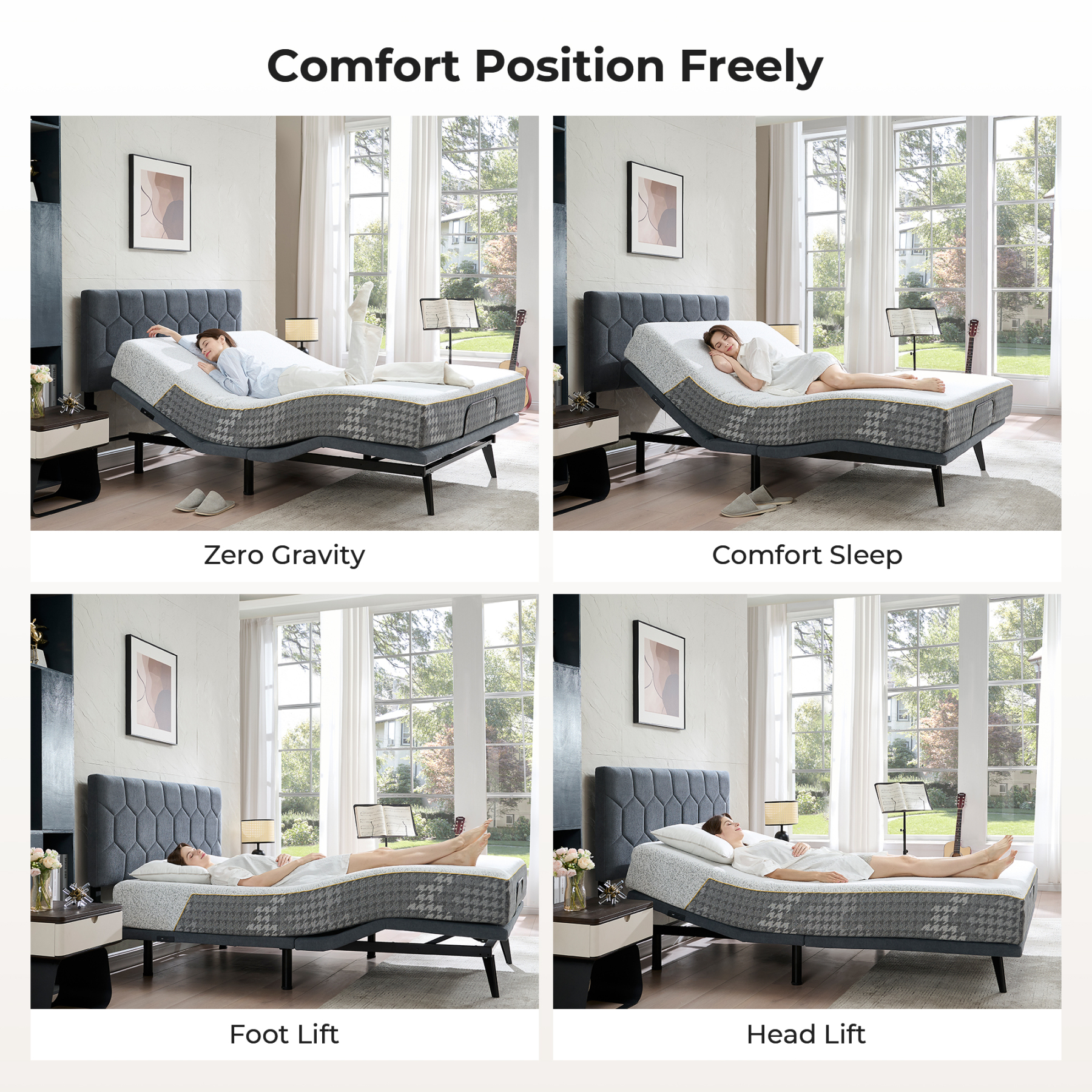 Sailvan Queen Adjustable Bed Frame with Upholstered Headboard, Ergonomic Smart bed frame with Wireless Remote Control & Dual USB Ports, Zero Gravity Independent Head and Foot Incline, Memory Position