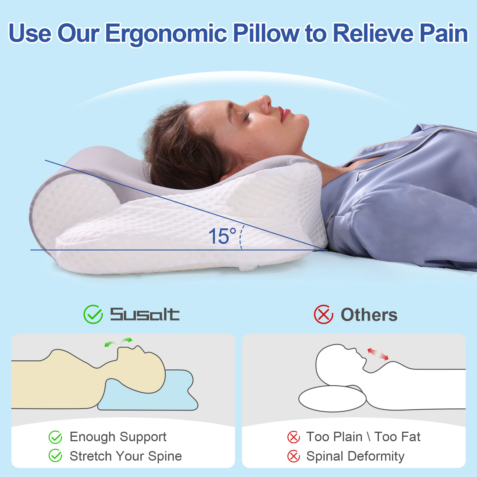 Susalt Cervical Pillow for Neck Pain Relief,Memory Foam Bed Pillows for Back, Side, & Stomach Sleepers, Cooling Sleeping,Ergonomic Design