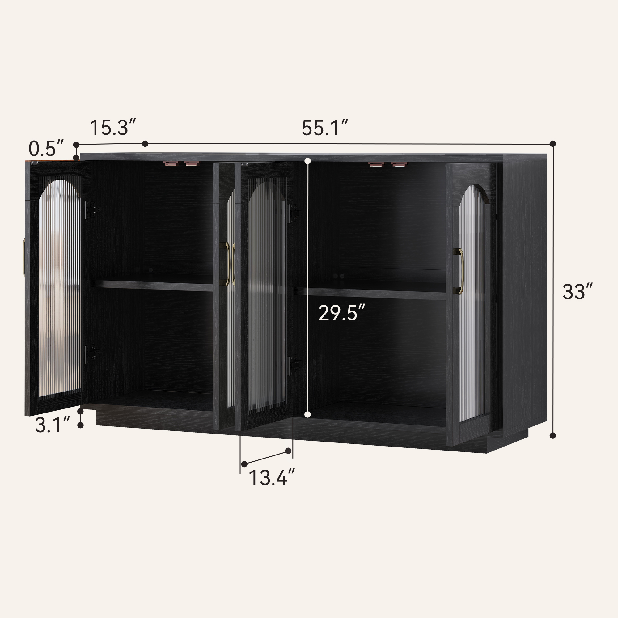 Sailvan Sideboard Buffet Cabinet with Storage, 55.1" Table with 4 Fluted Glass Doors, Built-in Removable Shelf, Kitchen Coffee Bar Table for Dining Room, Living Room,