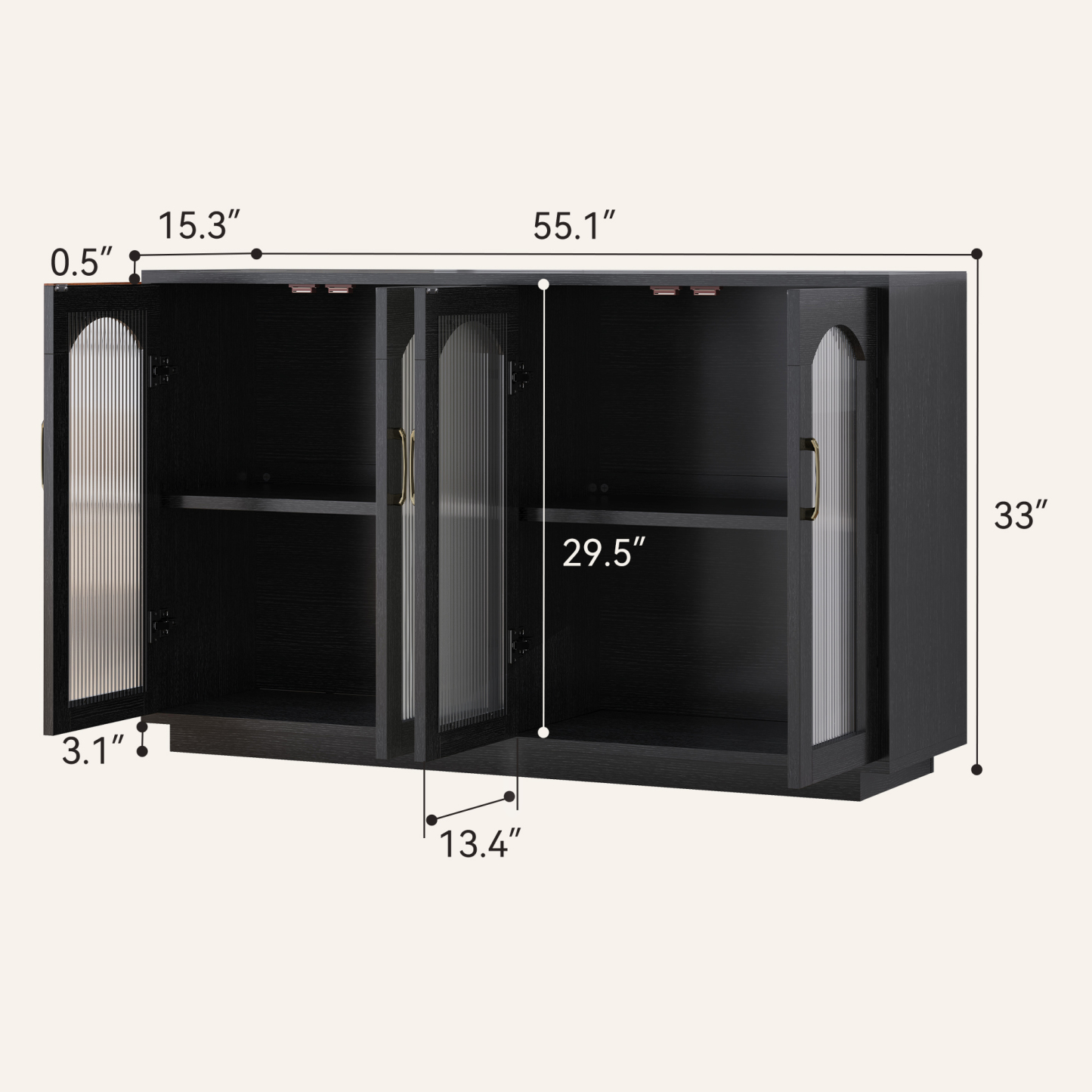 Sailvan Sideboard Buffet Cabinet with Storage, 55.1" Table with 4 Fluted Glass Doors, Built-in Removable Shelf, Kitchen Coffee Bar Table for Dining Room, Living Room,