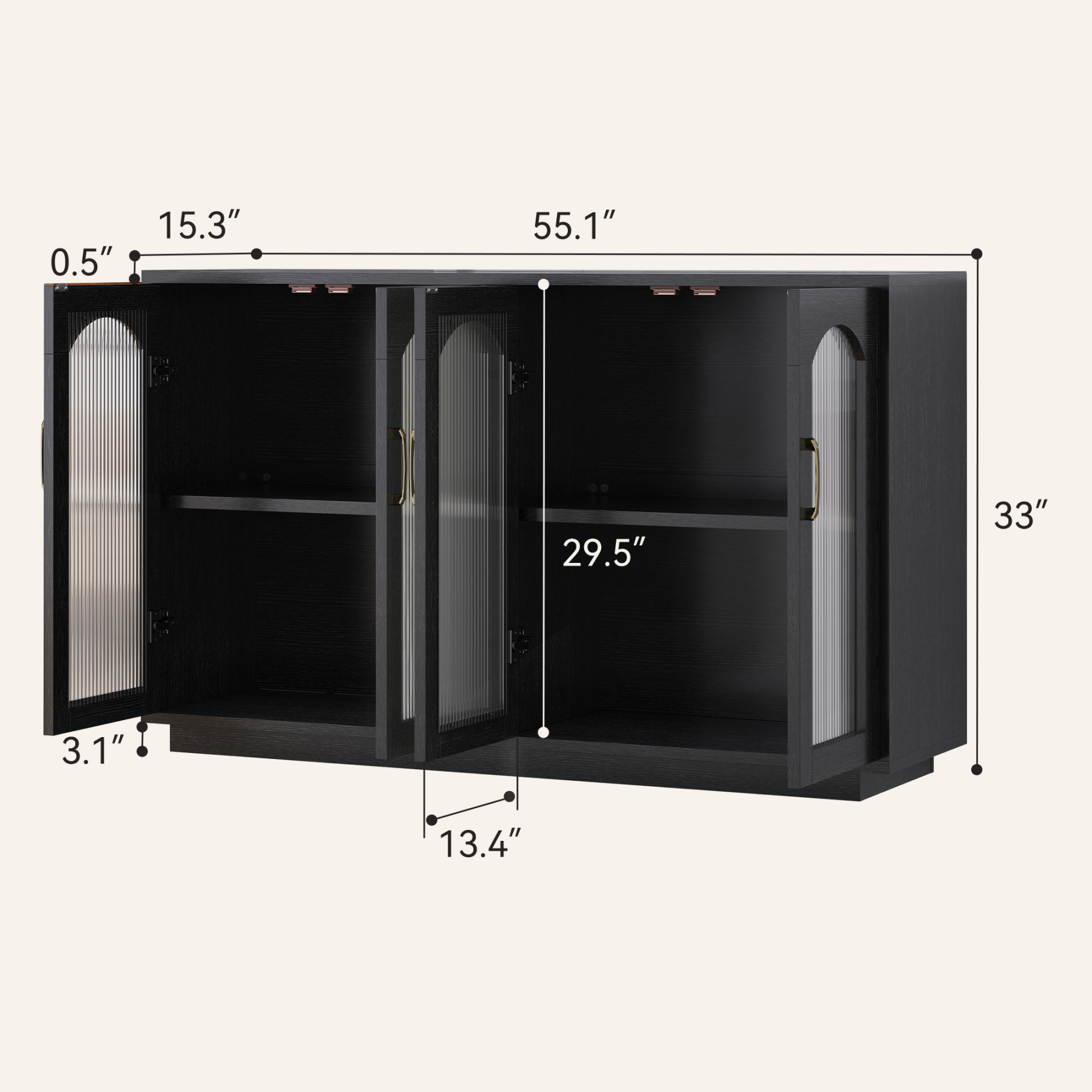 Sailvan Sideboard Buffet Cabinet with Storage, 55.1" Table with 4 Fluted Glass Doors, Built-in Removable Shelf, Kitchen Coffee Bar Table for Dining Room, Living Room,