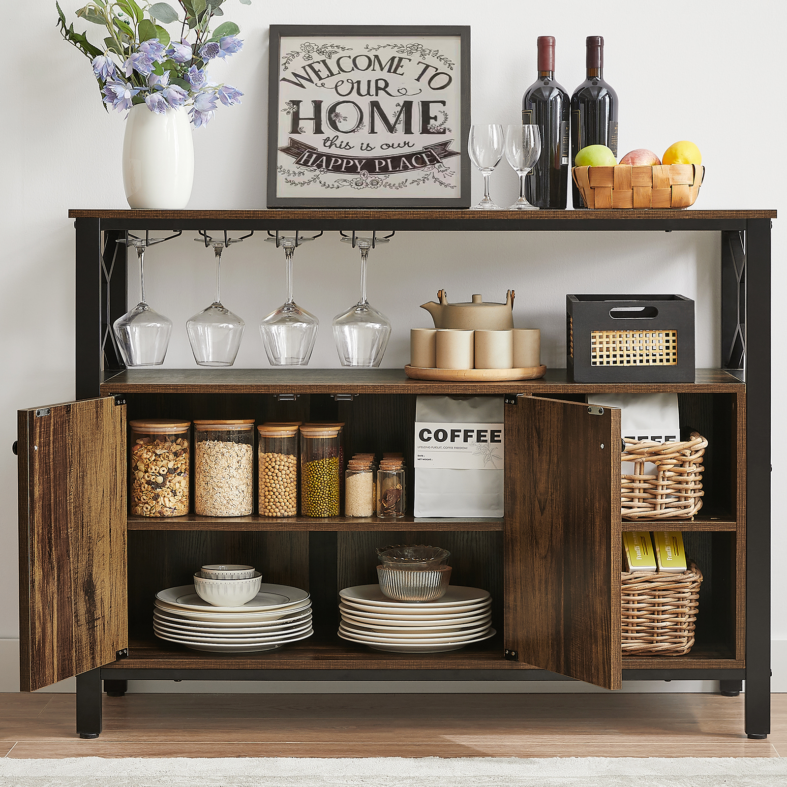 Sailvan 45.3" Buffet Cabinet with Storage, wooden Farmhouse Sideboard Cabinet with 2 Doors & Adjustable Shelf, Accent Cabinet with Wine Glass Rack for Kitchen, Bar, Dining Room, Gray