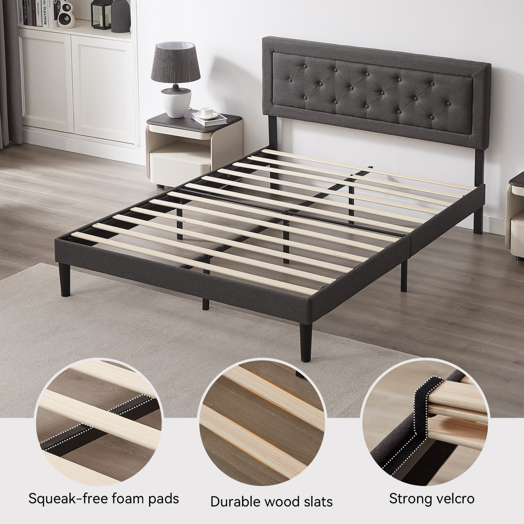 Sailvan Queen Bed Frame with Headboard, Upholstered Bed Frame with Button Tufted, Platform Bed with Wood Slat Support, Noise Free, Easy Assembly, No Box Spring Needed, Dark Gray