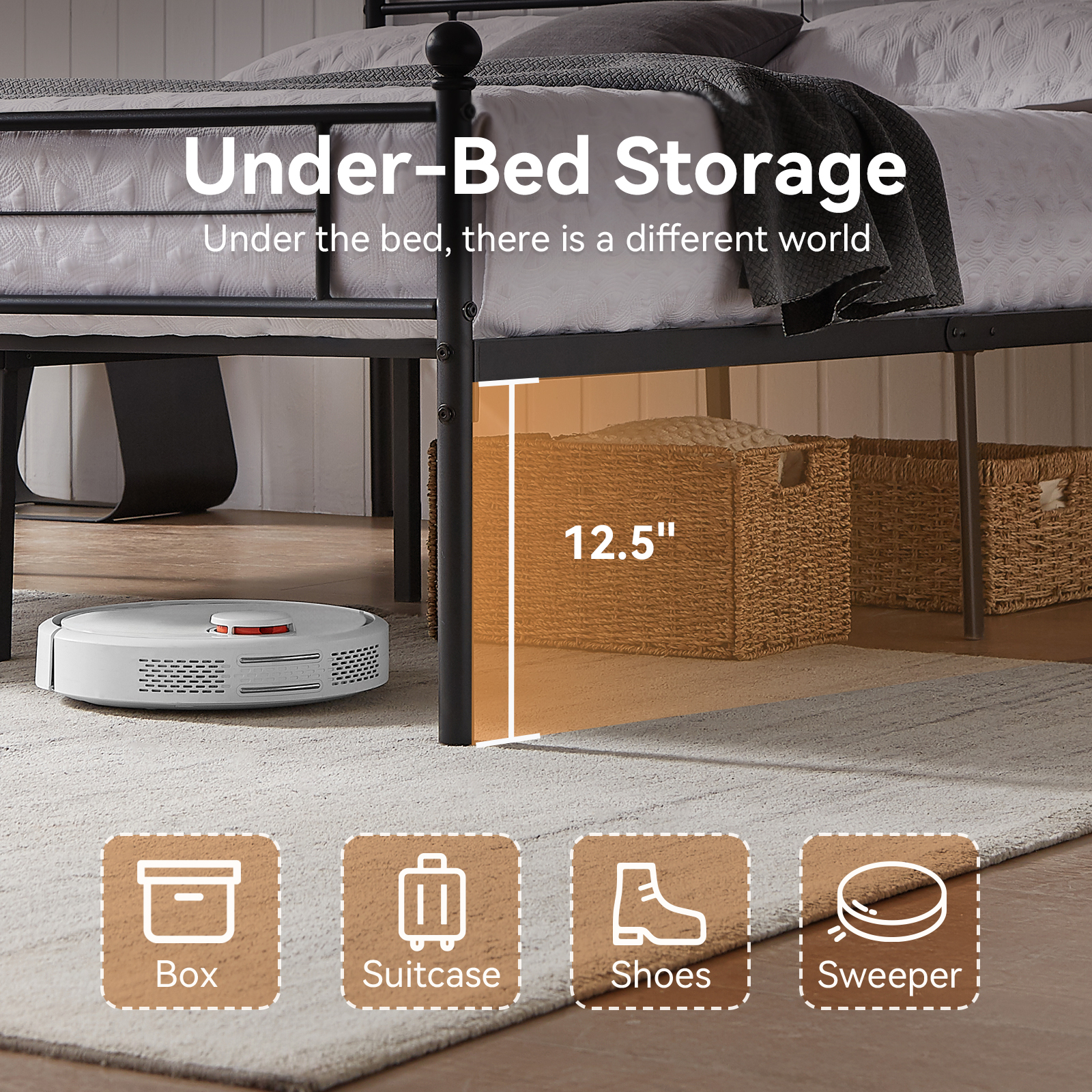 Metal Bed Frame with 12.5'' Under Bed Storage, Sturdy Metal Platform Bed with Headboard & Footboardd for Teens Adults/No Box Spring Needed/Noise Free/Easy Assembly/Black