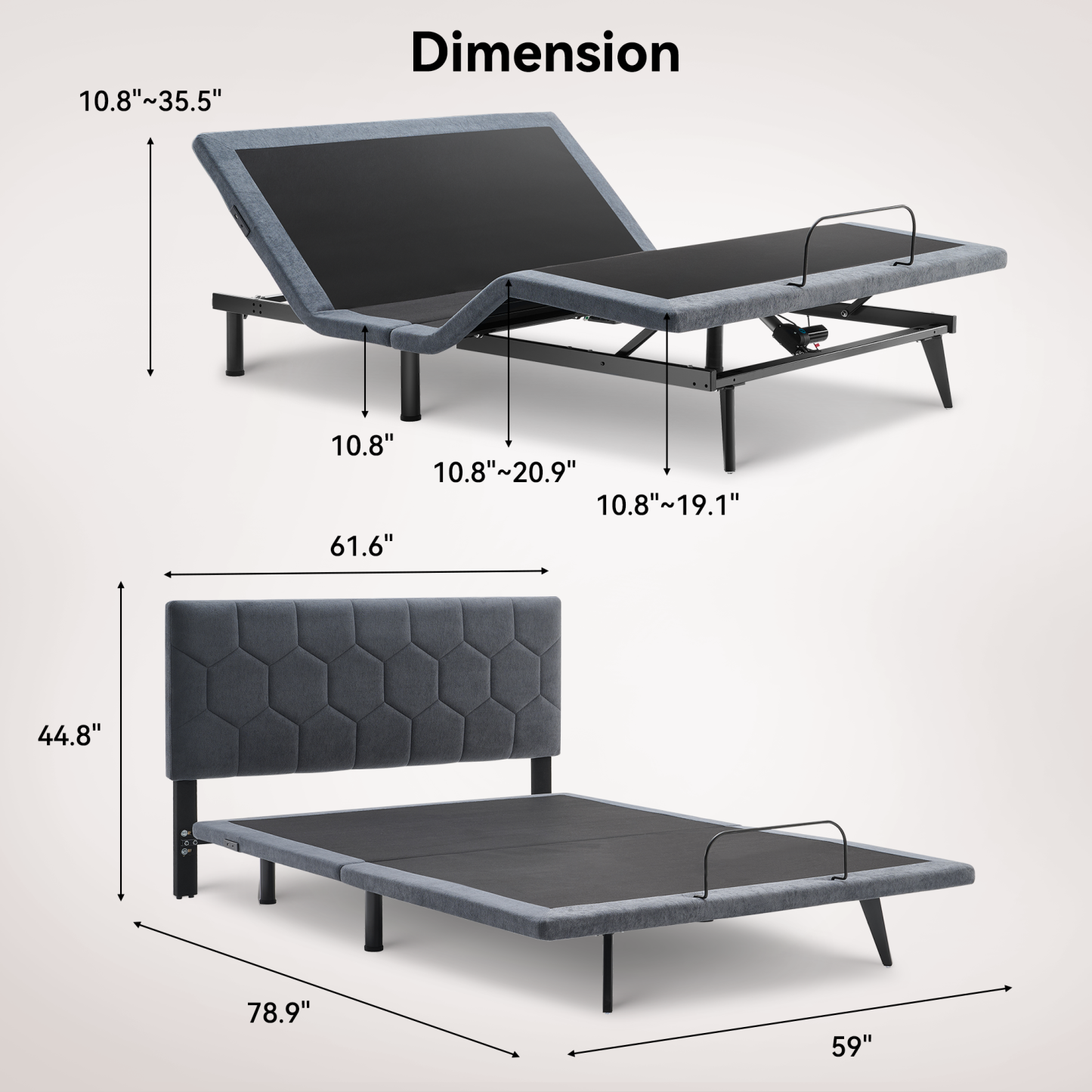 Adjustable Bed Frame, Electric Bed Frame Queen Size with with Upgraded Motor, Remote Control, 2 USB Ports, Independent Head & Foot Incline, 800lbs Capacity