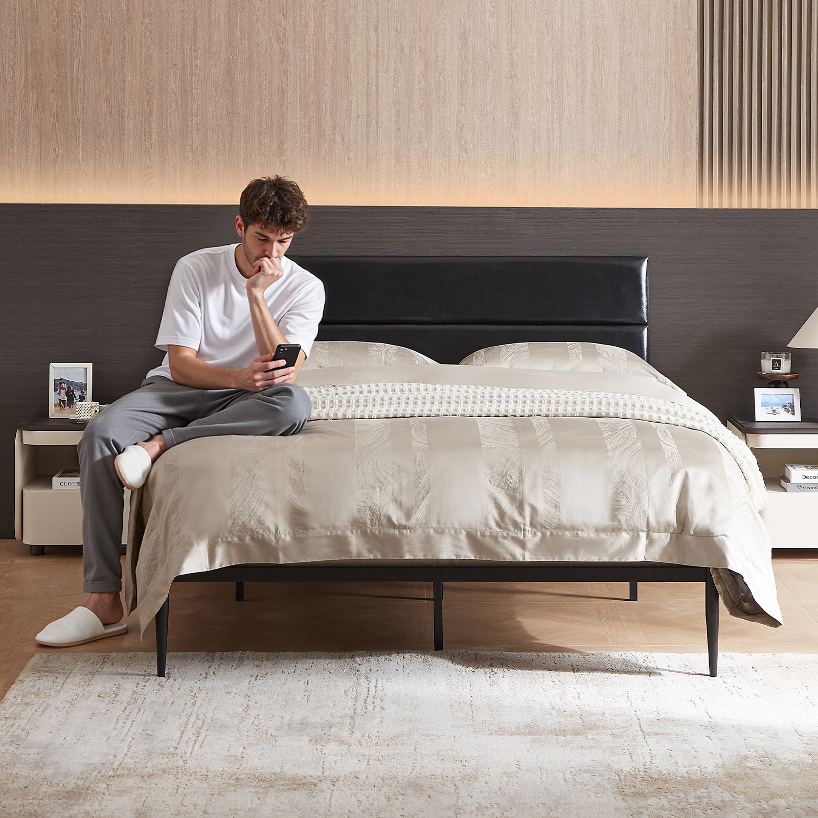 Sailvan Queen Bed Frame with Headboard, PU Leather Upholstered Metal Platform Bed Frame, Metal Slat Support, Easy Assembly, Noise Free, Black