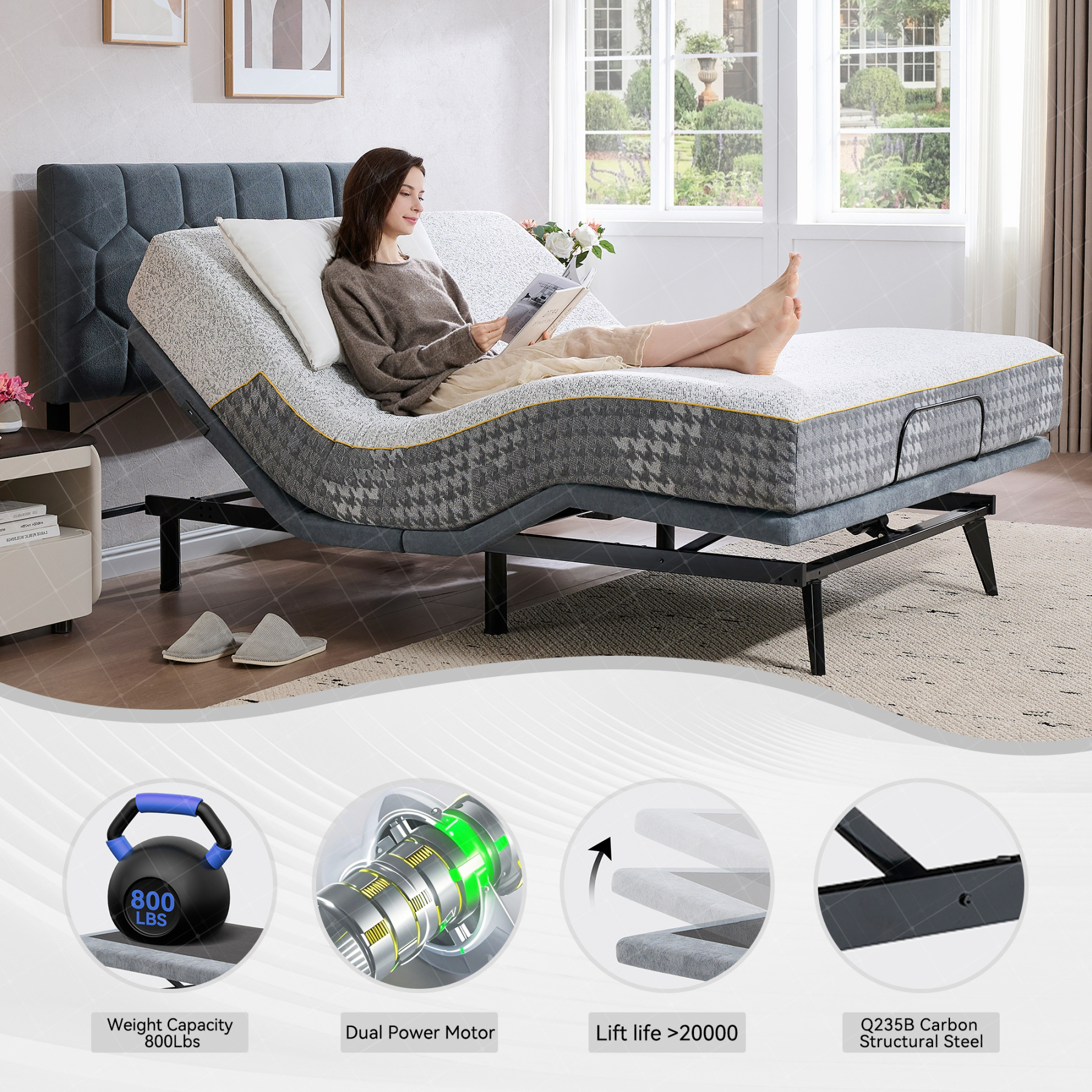 Sailvan Queen Adjustable Bed Frame with Upholstered Headboard, Ergonomic Smart bed frame with Wireless Remote Control & Dual USB Ports, Zero Gravity Independent Head and Foot Incline, Memory Position