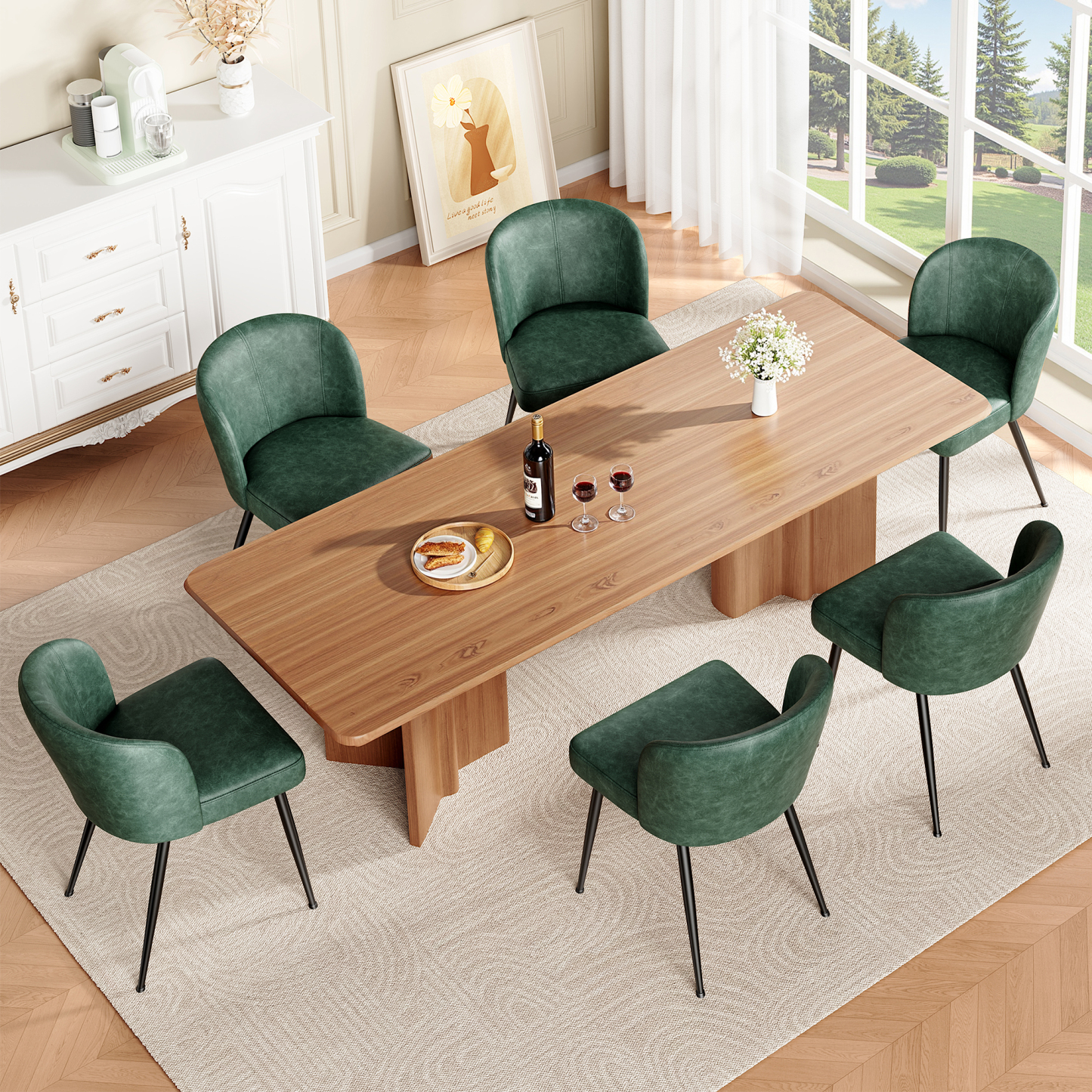Sailvan Dining Chairs Set of 2, Upholstered Kitchen Chairs with Faux Leather Cushion Seat and Metal Legs, Mid Century Modern Dining Room Chair for Kitchen, Living Room, Easy Assembly, Green