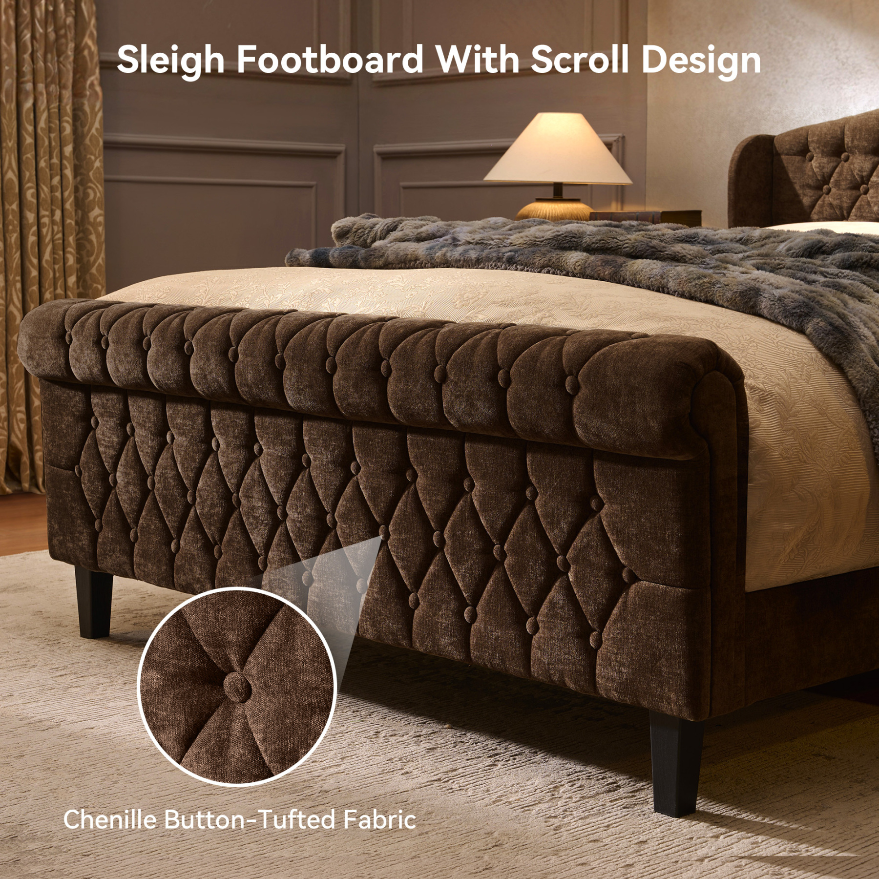 Susalt Queen Size Platform Bed Frame, Chenille Upholstered Sleigh Bed Frame with Scroll Footboard, Button Tufted/Wood Slats Support/No Box Spring Needed