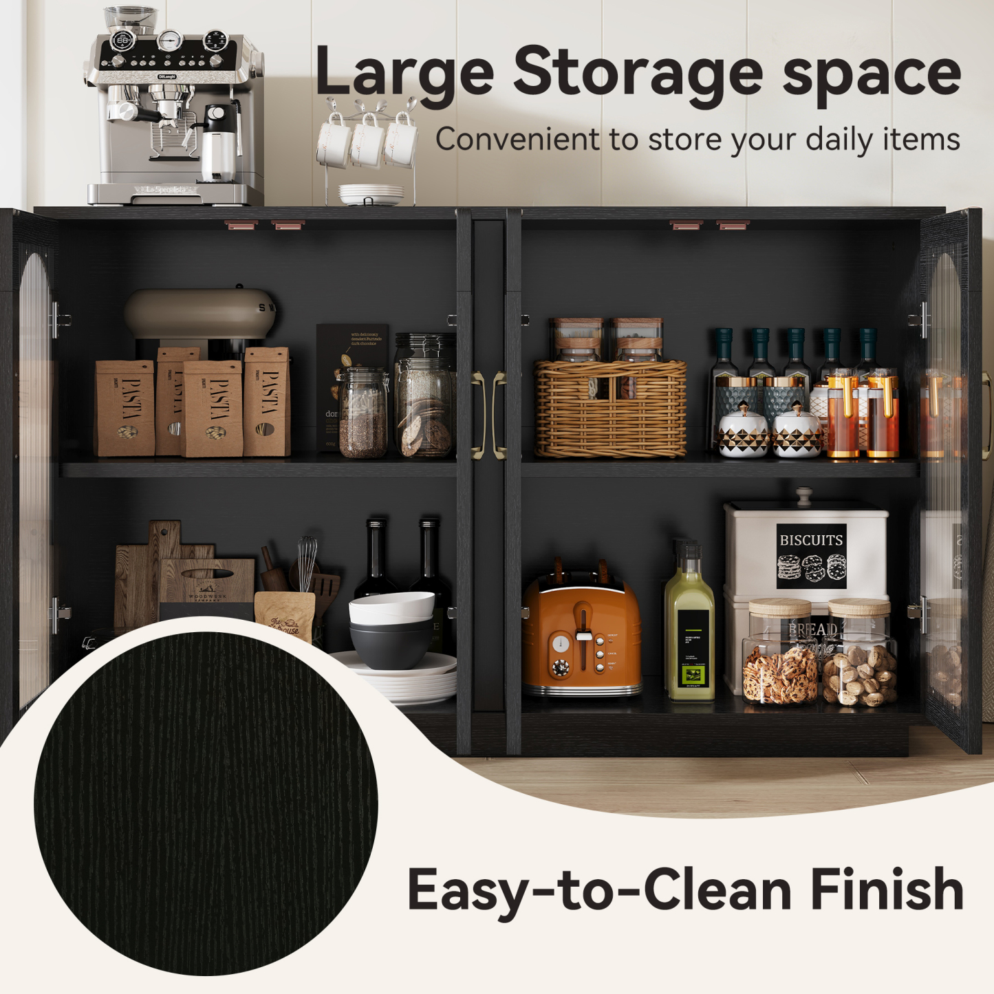 Sailvan Sideboard Buffet Cabinet with Storage, 55.1" Table with 4 Fluted Glass Doors, Built-in Removable Shelf, Kitchen Coffee Bar Table for Dining Room, Living Room,