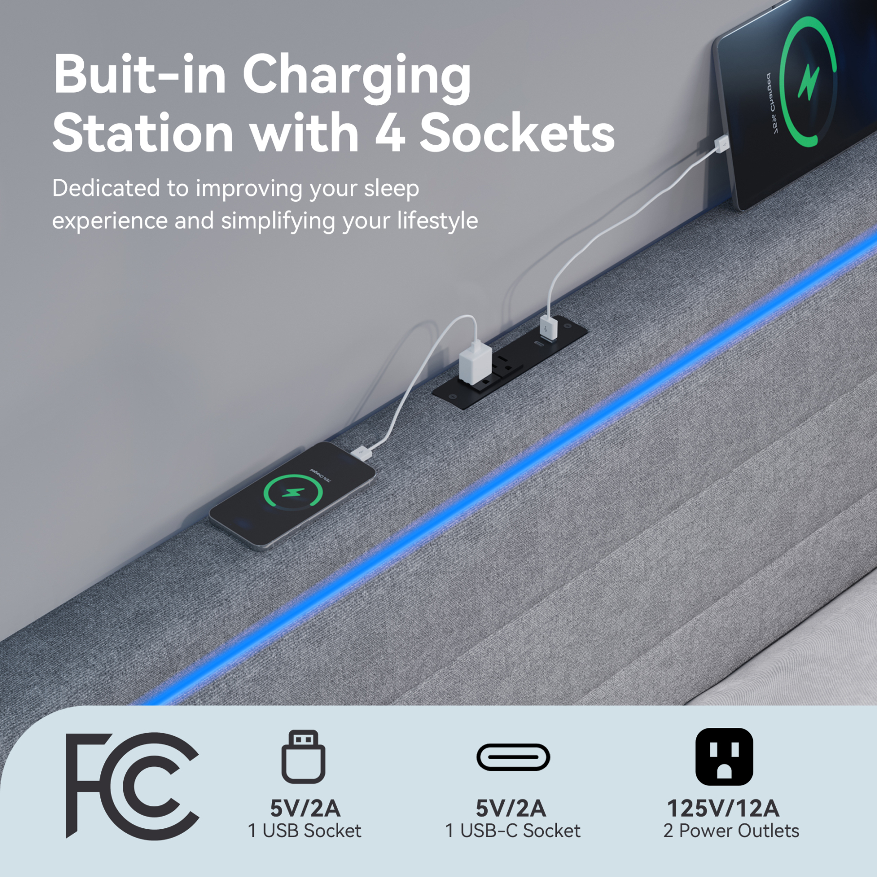 Sailvan Queen Bed Frame with LED Lights and Headboard,Upholstered Platform Bed Frame Queen Size with USB Charging Station,No Box Spring Needed,Sturdy Frame and Noise Free,Grey