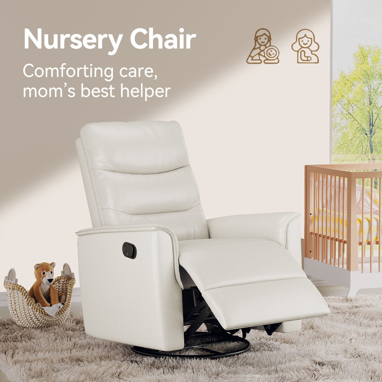 Susalt Recliner Chair for Adults, Rocker Reclining Chair for Nursery, Leather Swivel Sofa with Adjustable Backrest and Footrest, for Small Spaces, Living Room, RV（Light Gray）