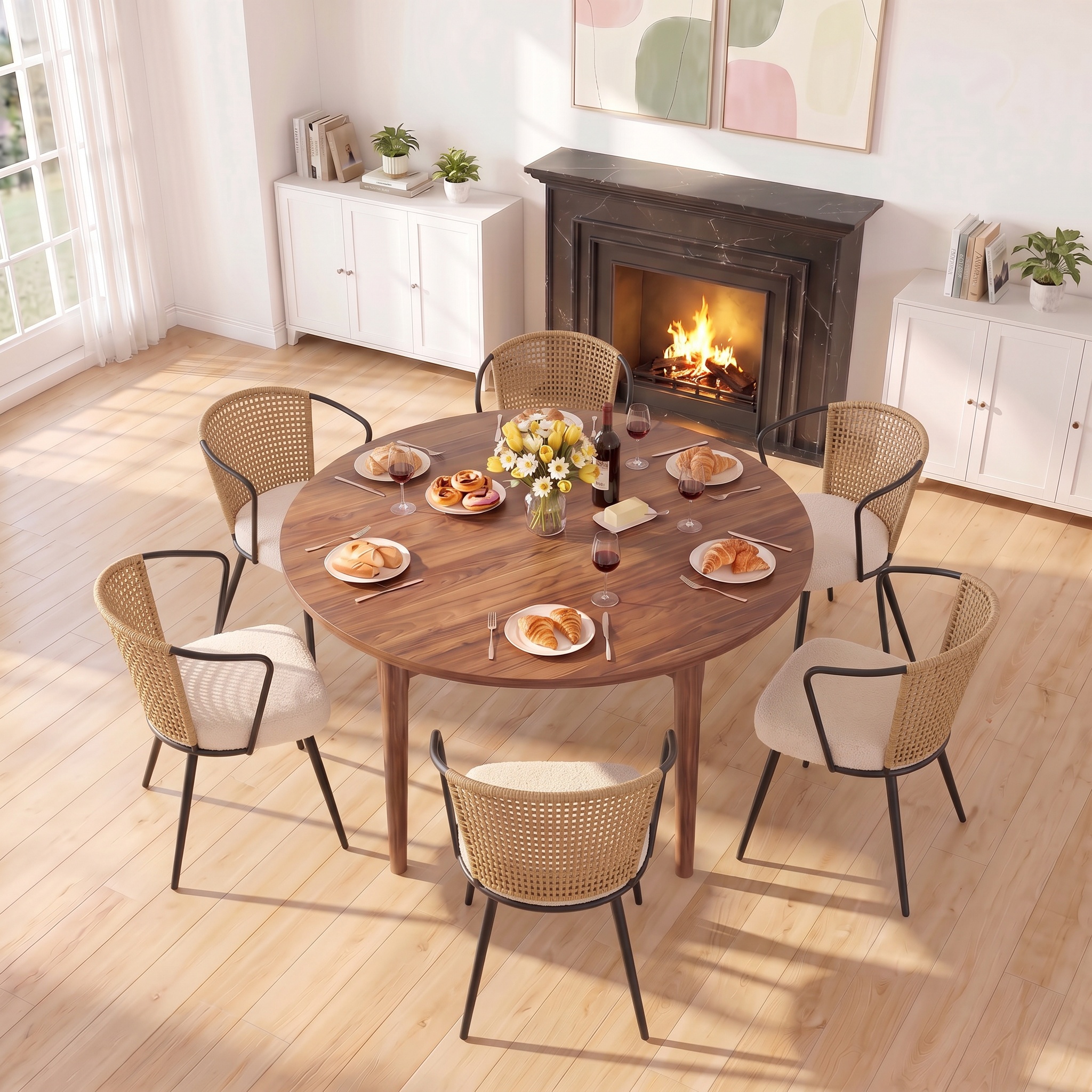 Sailvan Dining Chair Set, Upholstered Kitchen & Dining Room Chairs Tufted Accent Chairs with Rattan Backrest & Lamb Fleece Fabric Cushion, Wingback Dining Room Seat, Brown