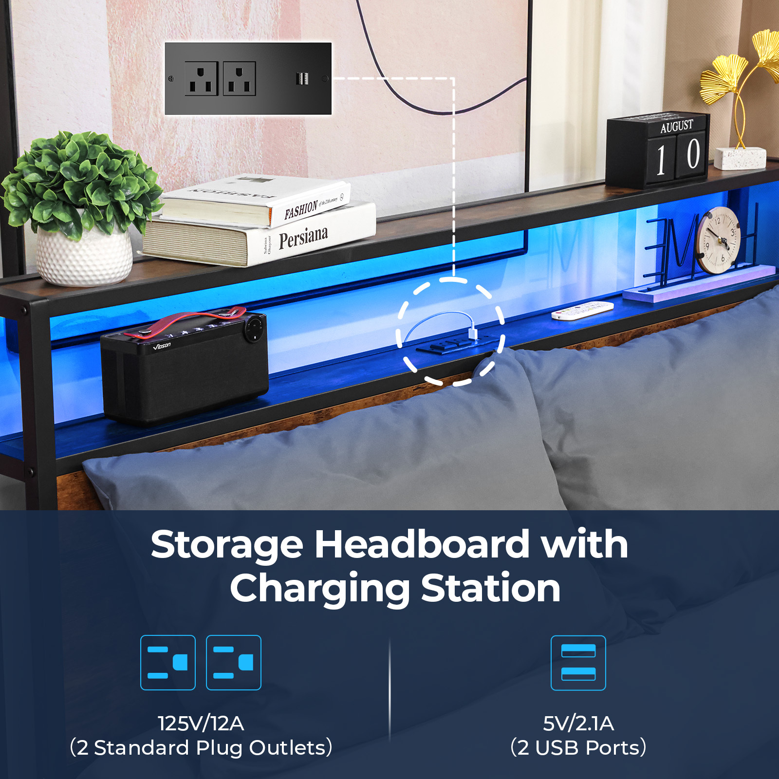 Susalt Full Bed Frame with 2-Tier Storage Headboard, Metal Industrial Style Platform Full Size Bed Frame with Charging Station & LED Lights