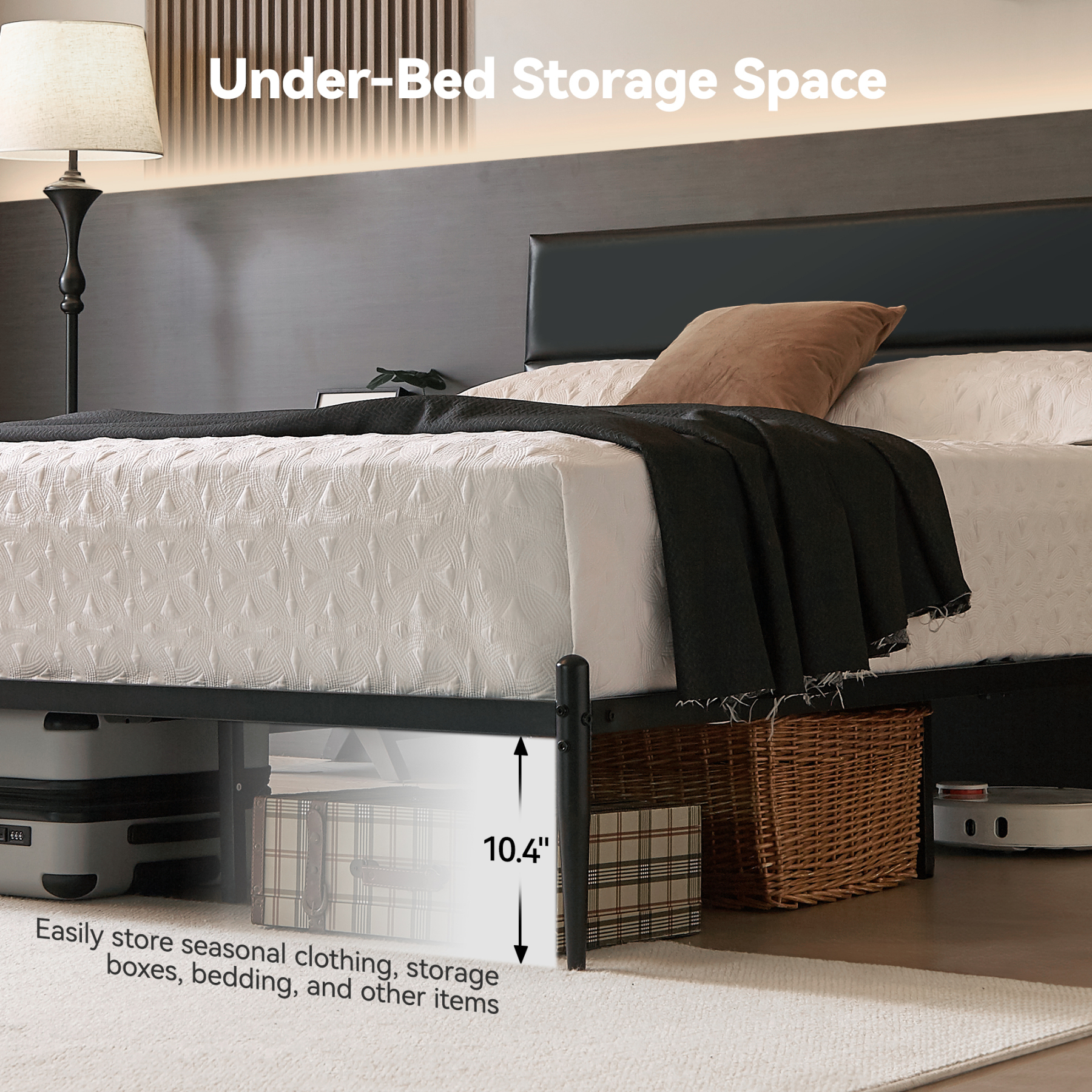 Sailvan Queen Bed Frame with Headboard, PU Leather Upholstered Metal Platform Bed Frame, Metal Slat Support, Easy Assembly, Noise Free, Black