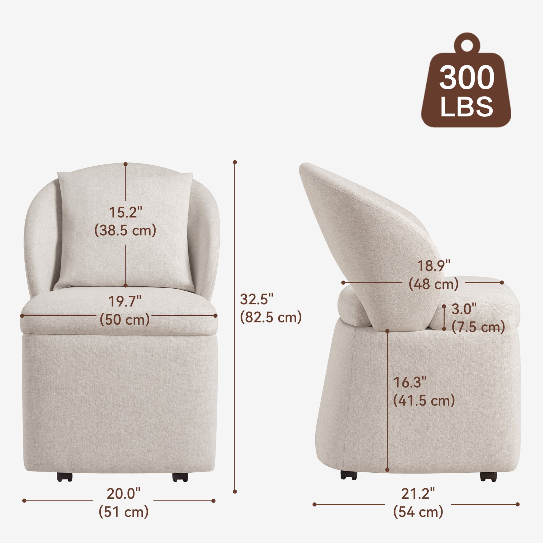 Rolling Dining Chairs with Storage, Accent Chair for Living Room & Dining Room with 4 Wheels, 2 Pcs