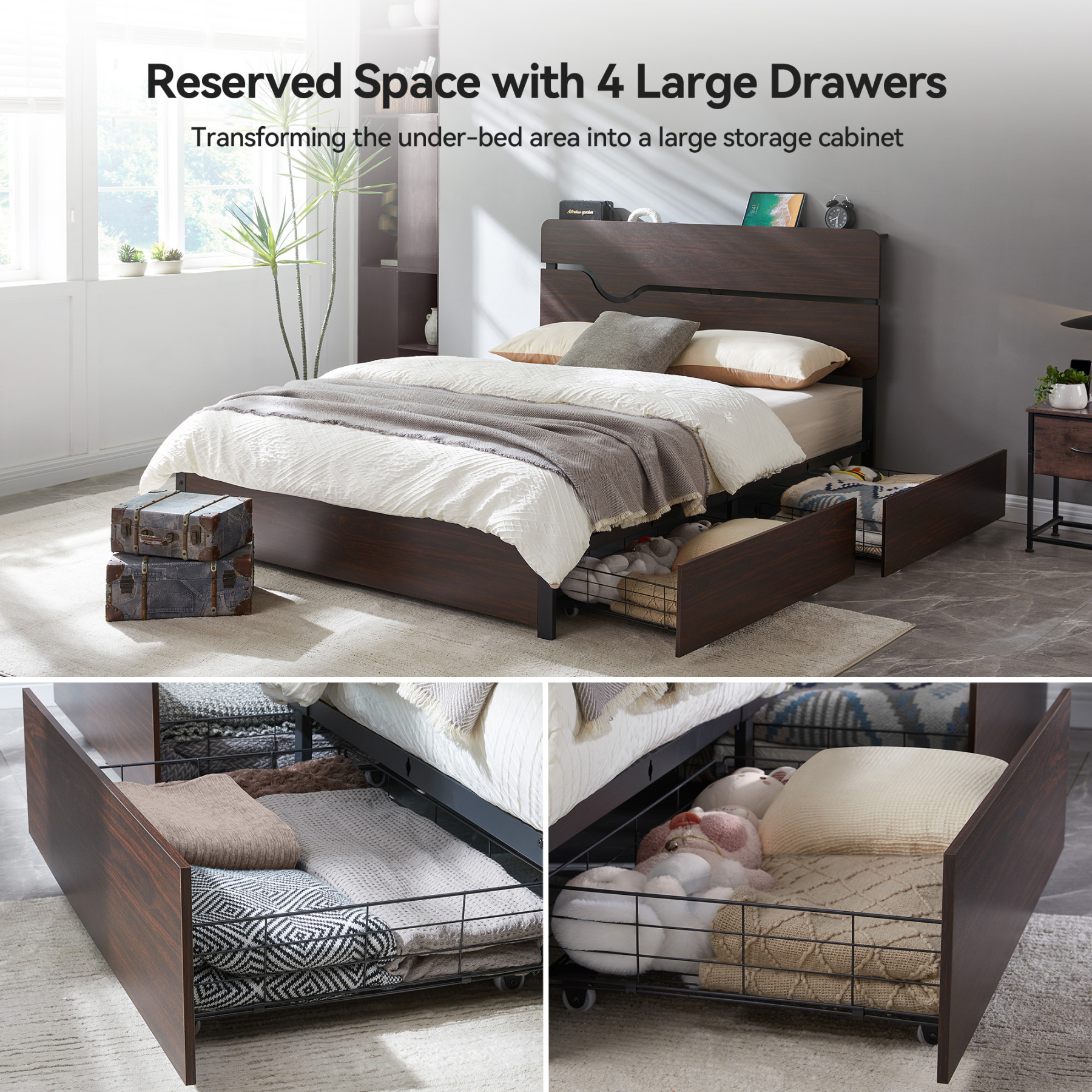  Full Size Bed Frame with Headboard, Platform Bed Frame with Charging Station, No Box Spring Needed, Easy Assembly, Heavy Duty Metal Slats, Walnut Color