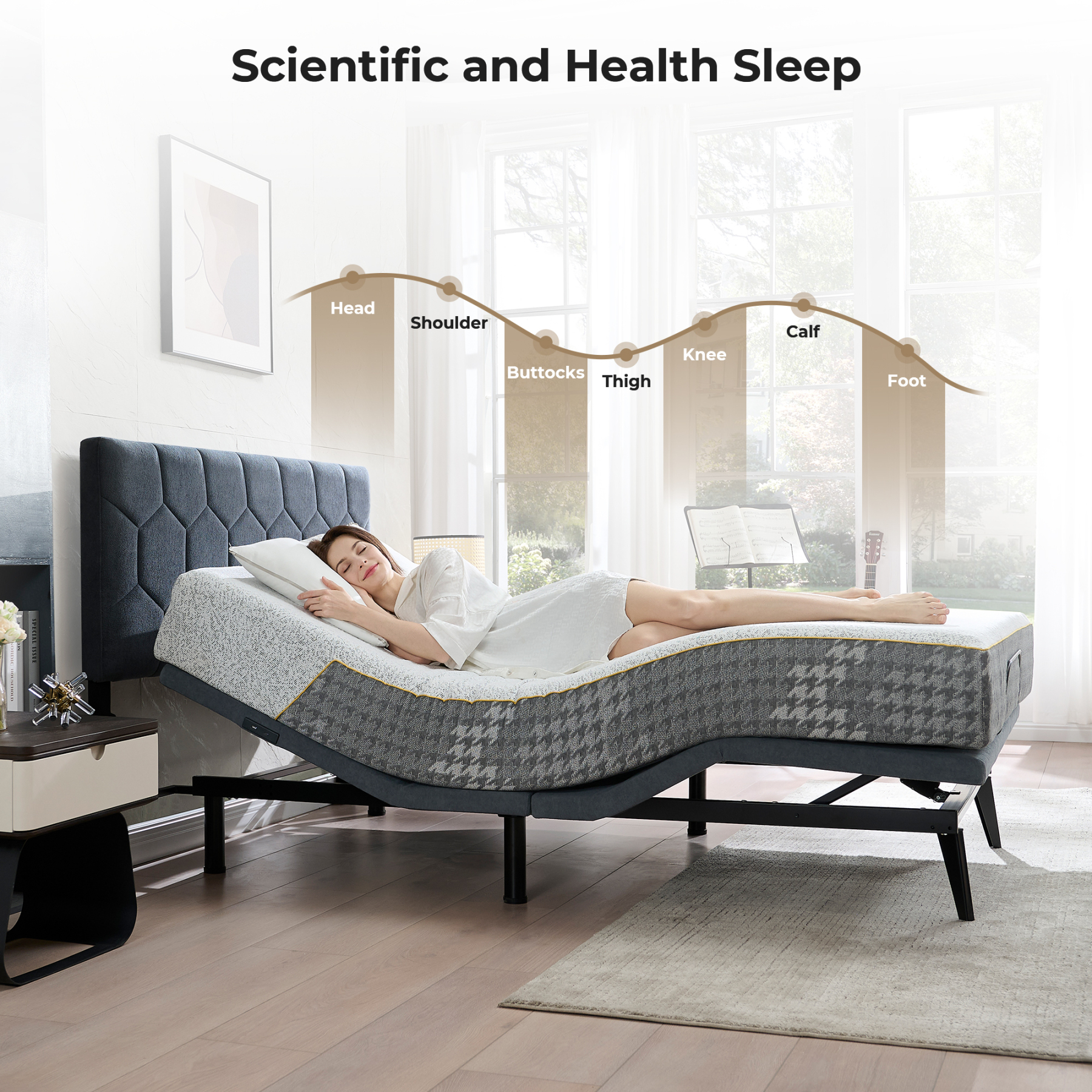 Sailvan Queen Adjustable Bed Frame with Upholstered Headboard, Ergonomic Smart bed frame with Wireless Remote Control & Dual USB Ports, Zero Gravity Independent Head and Foot Incline, Memory Position