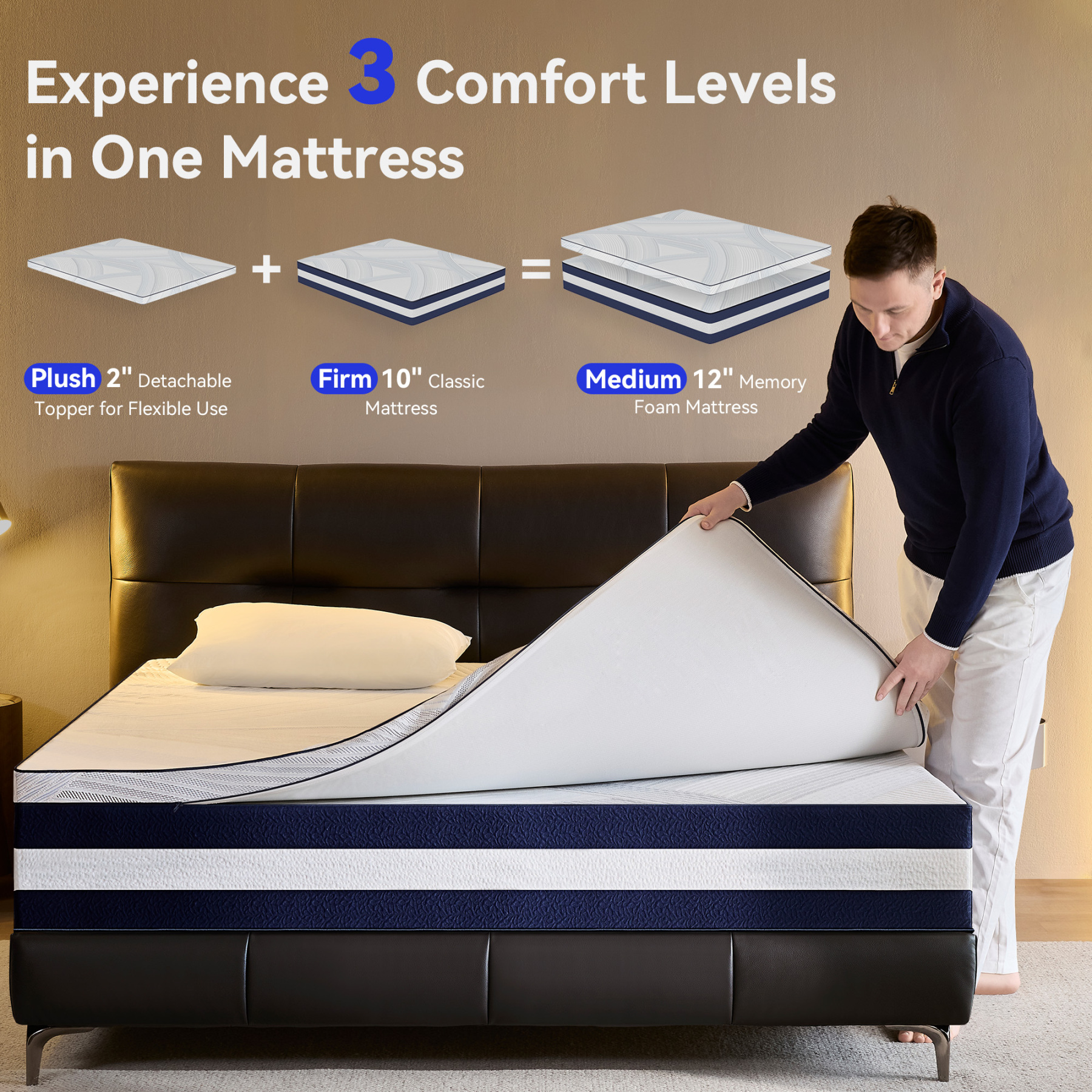 12 inch Queen Mattress, Memory Foam Mattress in a Box, Cooling Gel Queen Mattress with 2-in-1 Detachable Design, Pressure Relief, Medium Feel & CertiPUR-US Certified, Made in USA