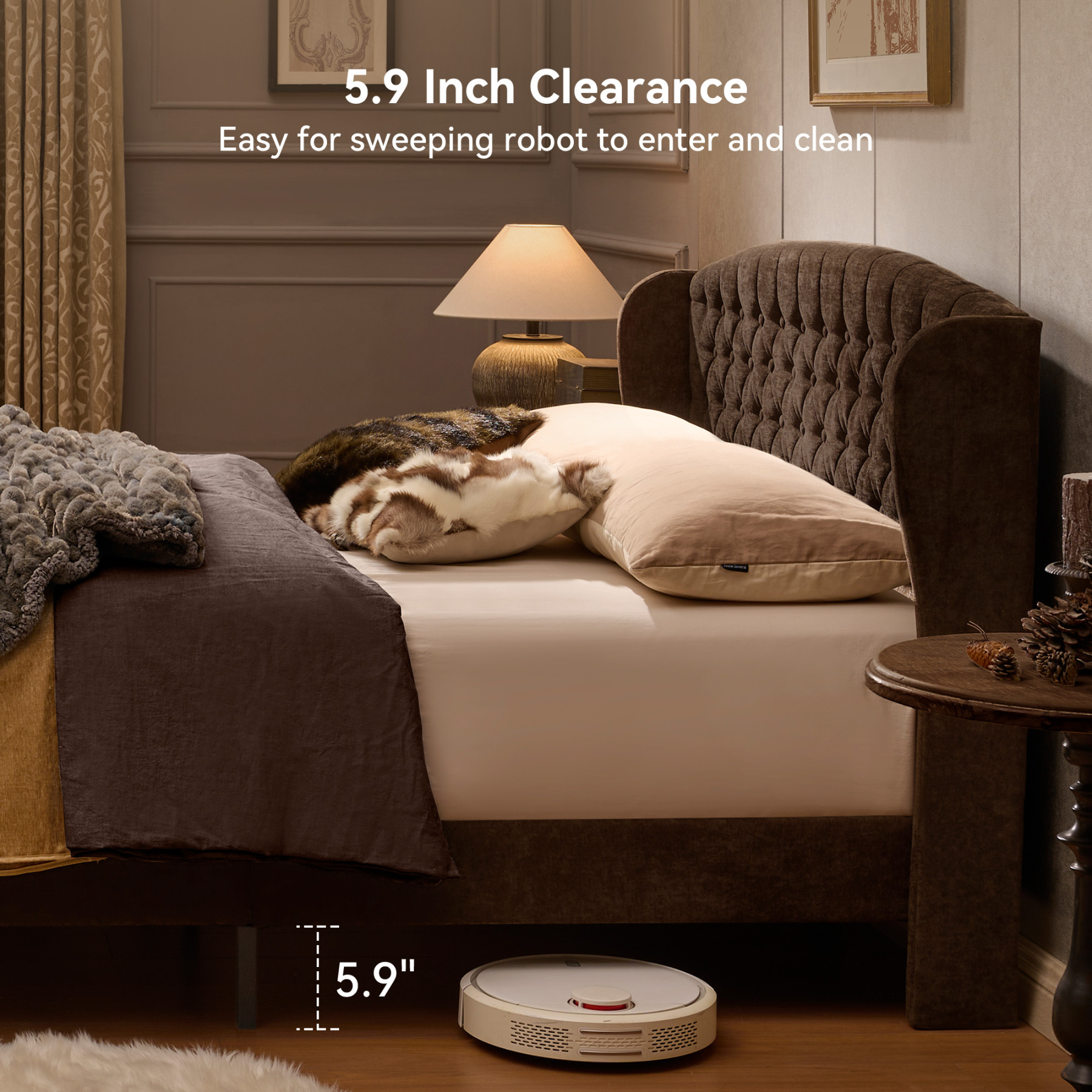 Susalt Queen Size Platform Bed Frame, Chenille Upholstered Sleigh Bed Frame with Scroll Footboard, Button Tufted/Wood Slats Support/No Box Spring Needed