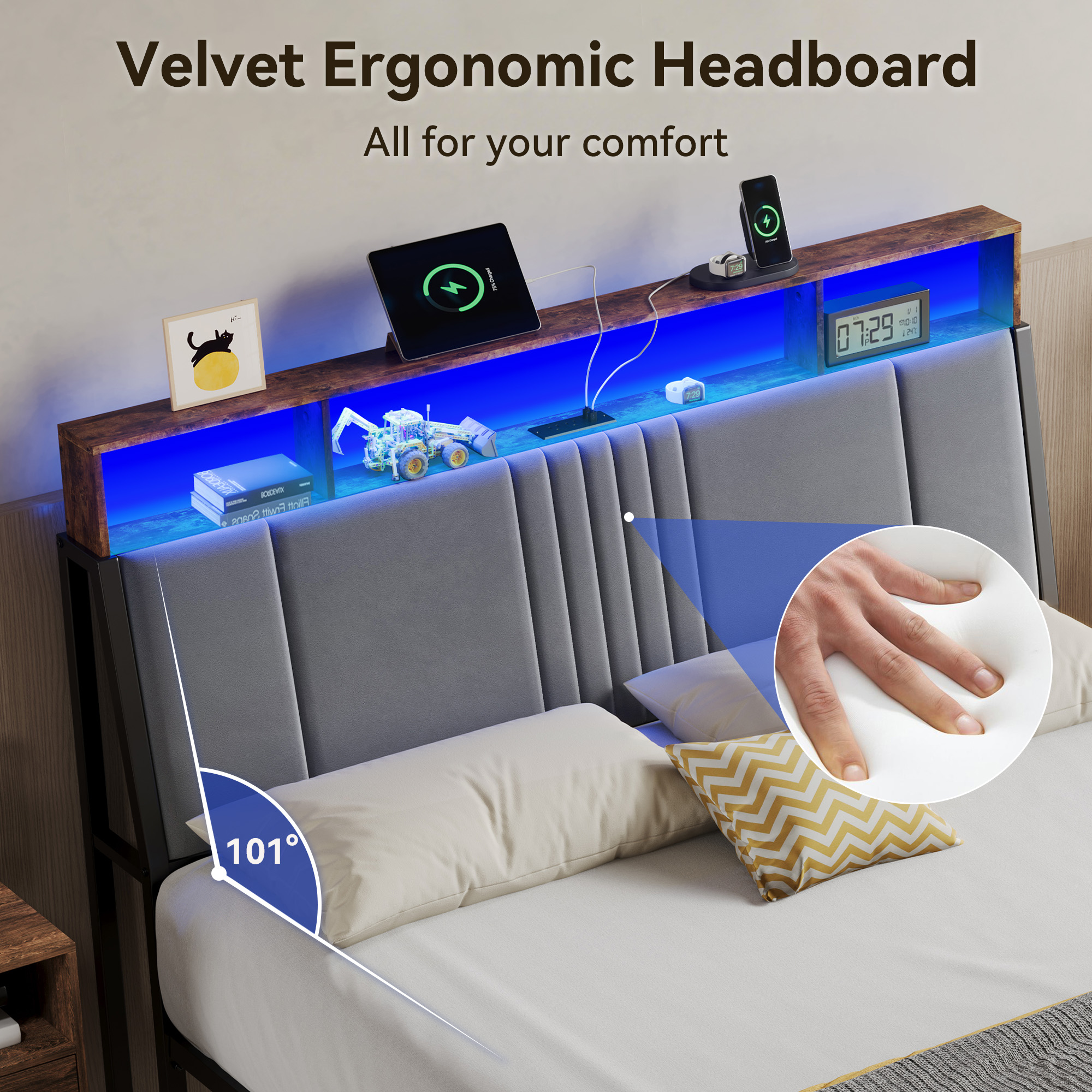 Sailvan Bed Frame with Headboard, Velvet Upholstered Platform Bed with USB Charging, LED Lights and Underbed Storage, No Box Spring Needed, Gray