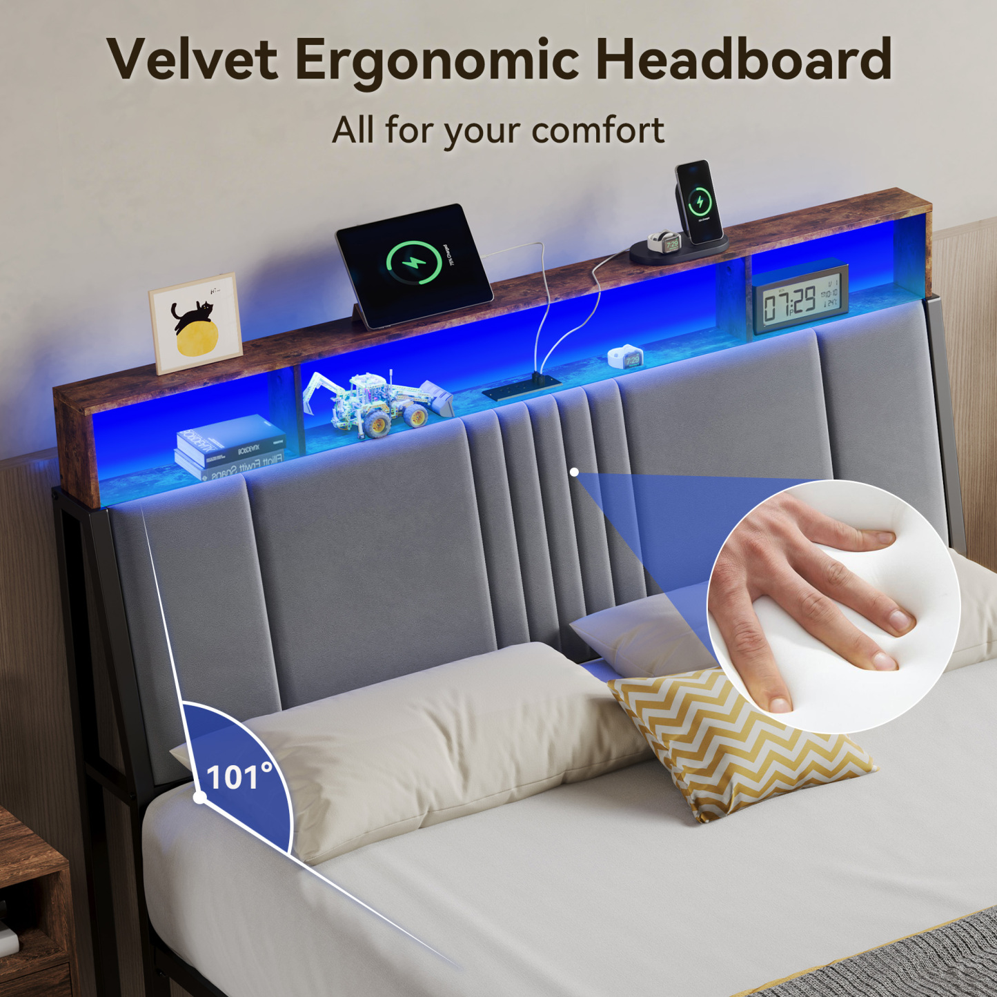 Sailvan Bed Frame with Headboard, Velvet Upholstered Platform Bed with USB Charging, LED Lights and Underbed Storage, No Box Spring Needed, Gray