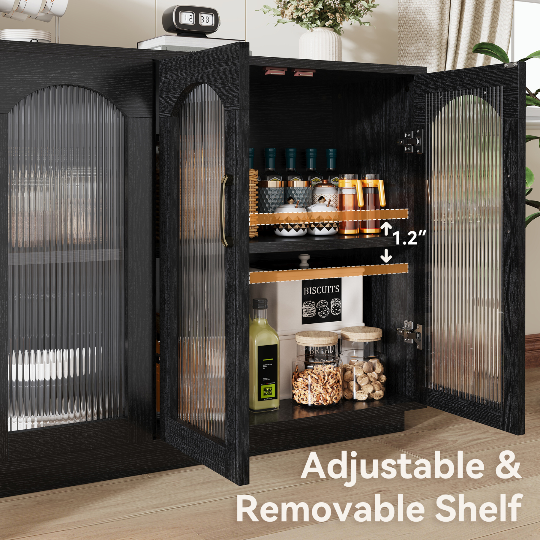 Sailvan Sideboard Buffet Cabinet with Storage, 55.1" Table with 4 Fluted Glass Doors, Built-in Removable Shelf, Kitchen Coffee Bar Table for Dining Room, Living Room,