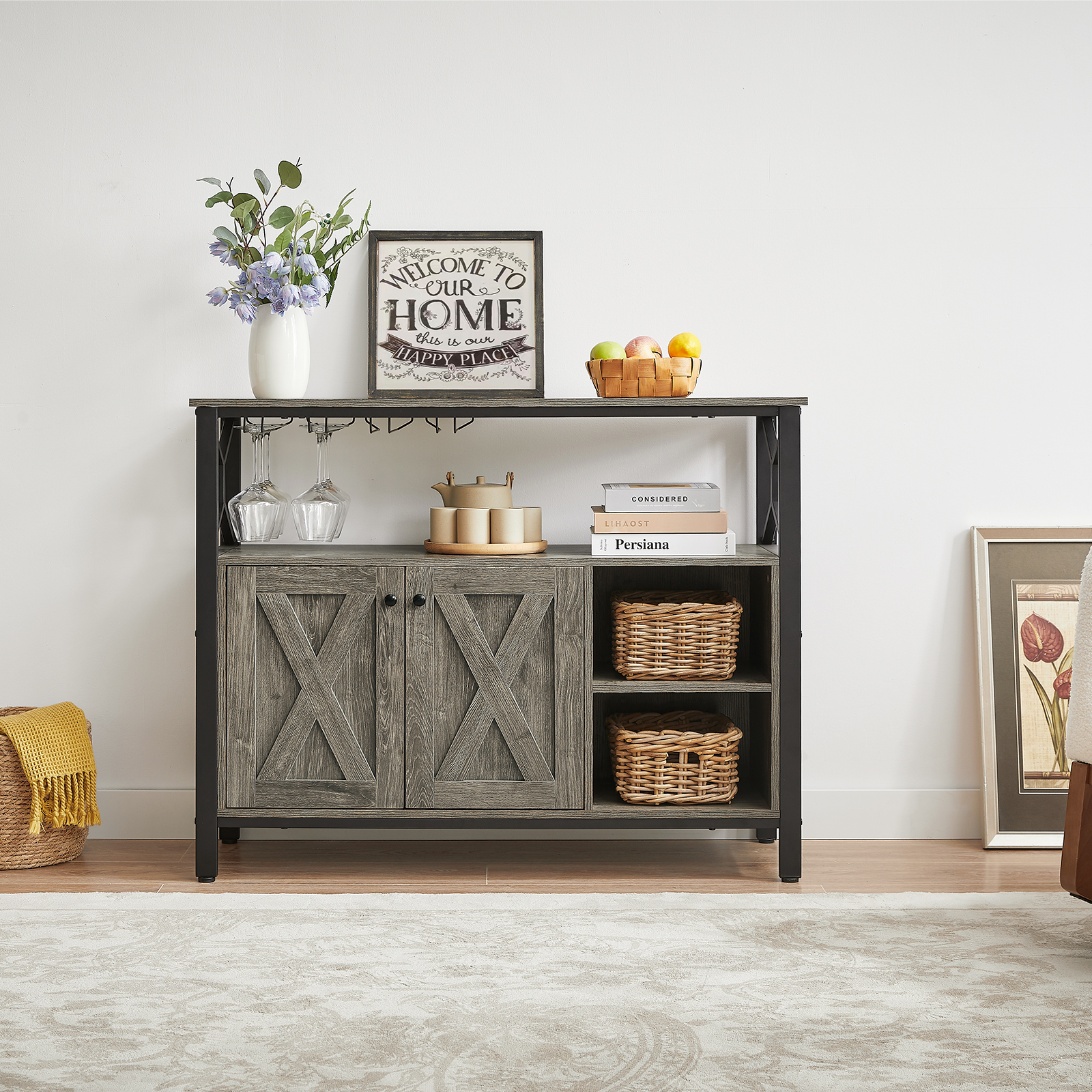 Sailvan 45.3" Buffet Cabinet with Storage, wooden Farmhouse Sideboard Cabinet with 2 Doors & Adjustable Shelf, Accent Cabinet with Wine Glass Rack for Kitchen, Bar, Dining Room, Gray