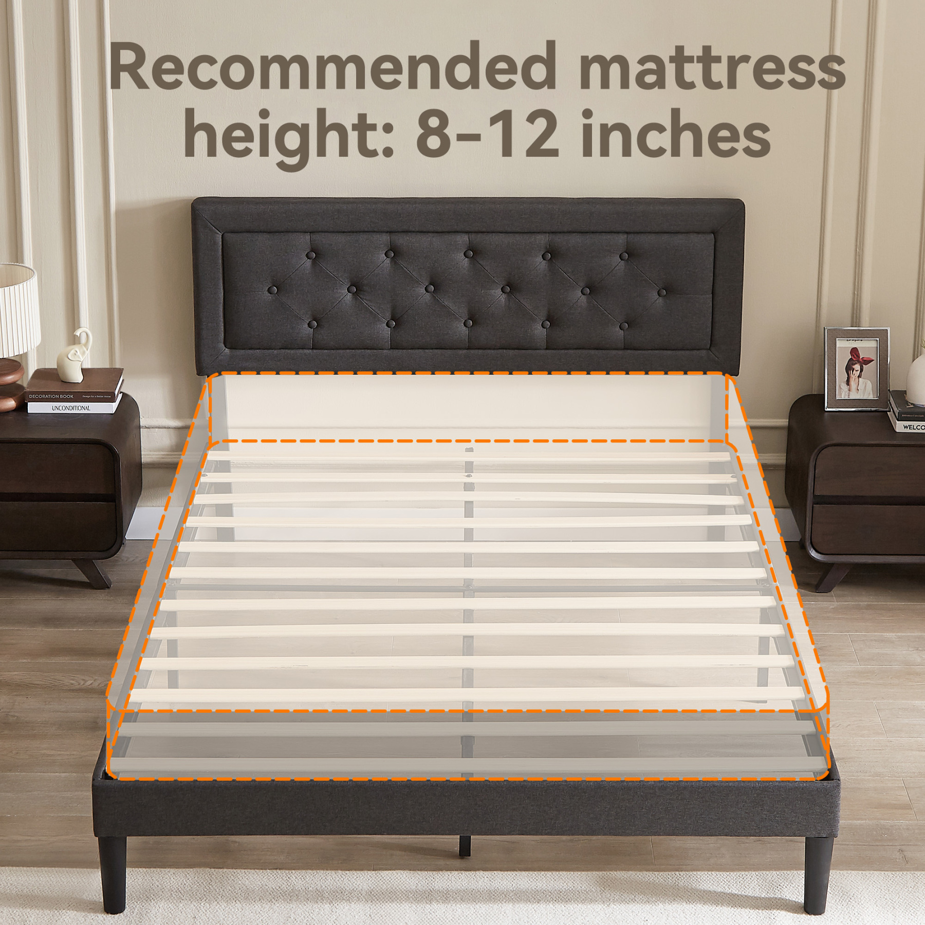 Sailvan Queen Bed Frame with Headboard, Upholstered Bed Frame with Button Tufted, Platform Bed with Wood Slat Support, Noise Free, Easy Assembly, No Box Spring Needed, Dark Gray