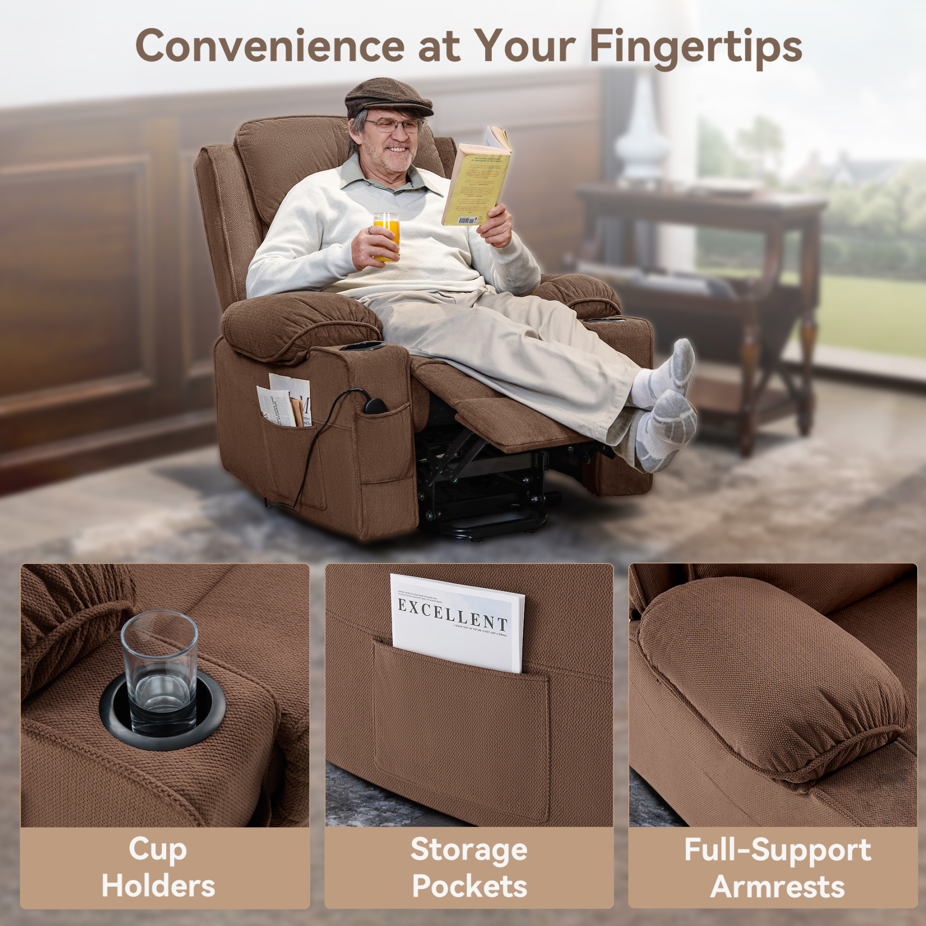 Sailvan Lift Chair, Power Lift Recliner for Elderly &Post-Surgery Recovery, Electric Lift Reclining Chair with Cup Holder, 90°- 155°Adjustable Backrest Fabric Recliner, for Living Room