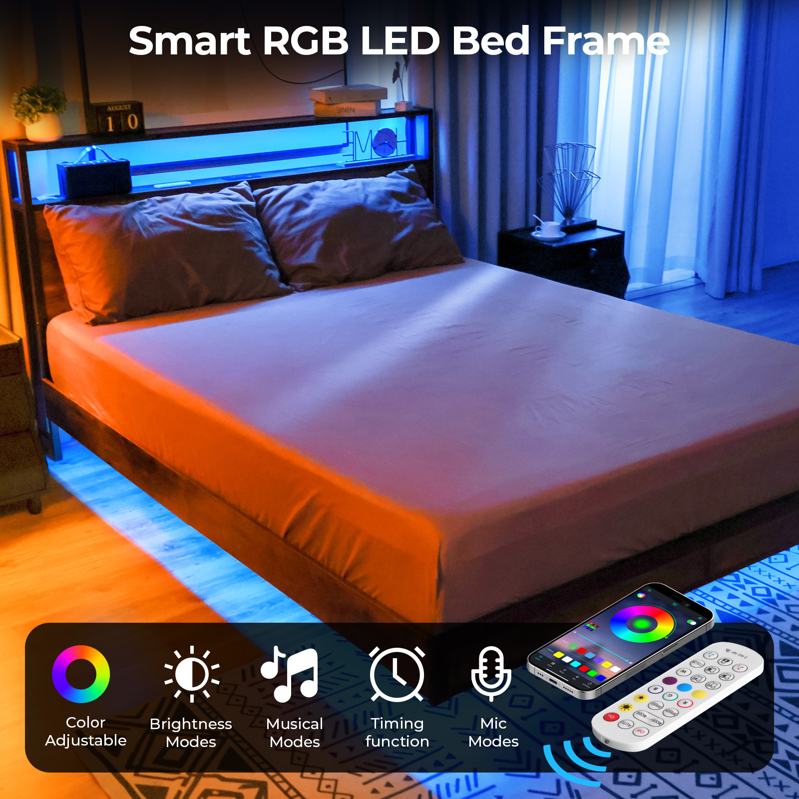 Susalt Full Bed Frame with 2-Tier Storage Headboard, Metal Industrial Style Platform Full Size Bed Frame with Charging Station & LED Lights