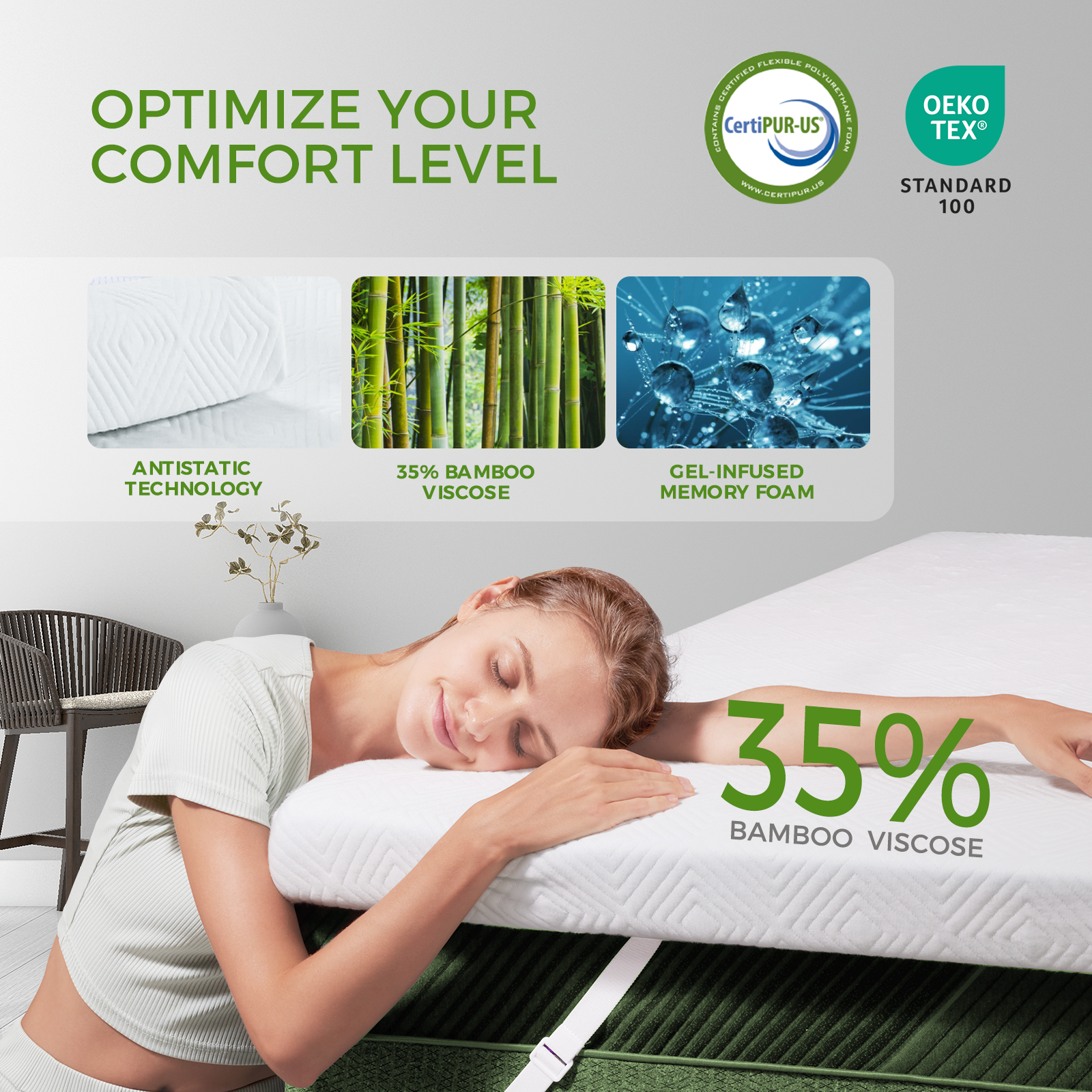 Susalt King Memory Foam Mattress Topper, 3inch Cooling Mattress Topper for Pressure Relief, with Anti-slip Bamboo Fiber Cover, Breathable& Soft